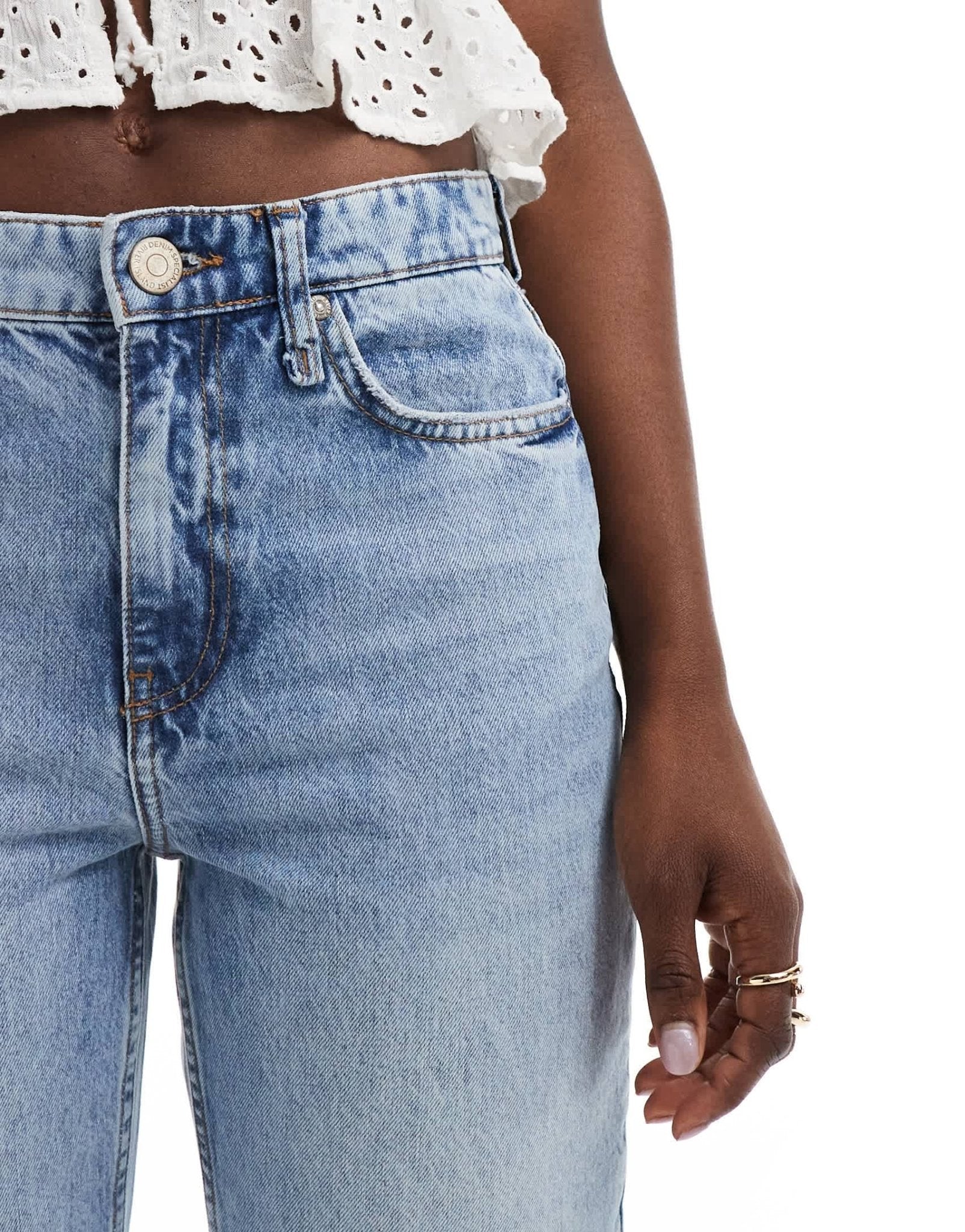 River Island straight jean with embroidered hem in midwash blue - ASOS Sample Sale