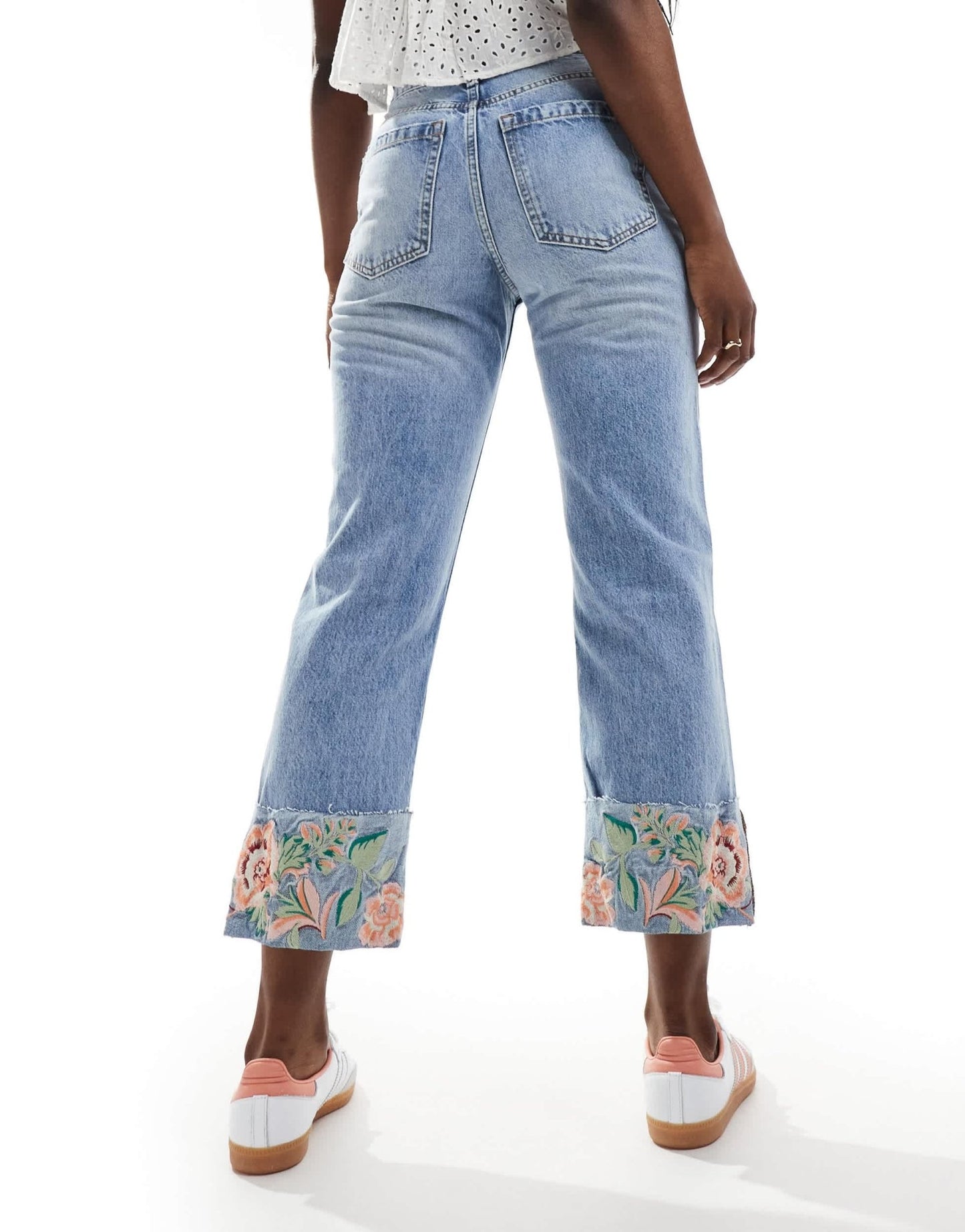 River Island straight jean with embroidered hem in midwash blue - ASOS Sample Sale