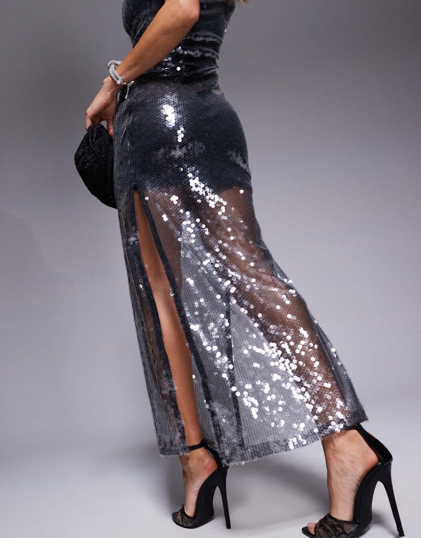 River Island strappy sequin midi slip dress in silver - ASOS Sample Sale