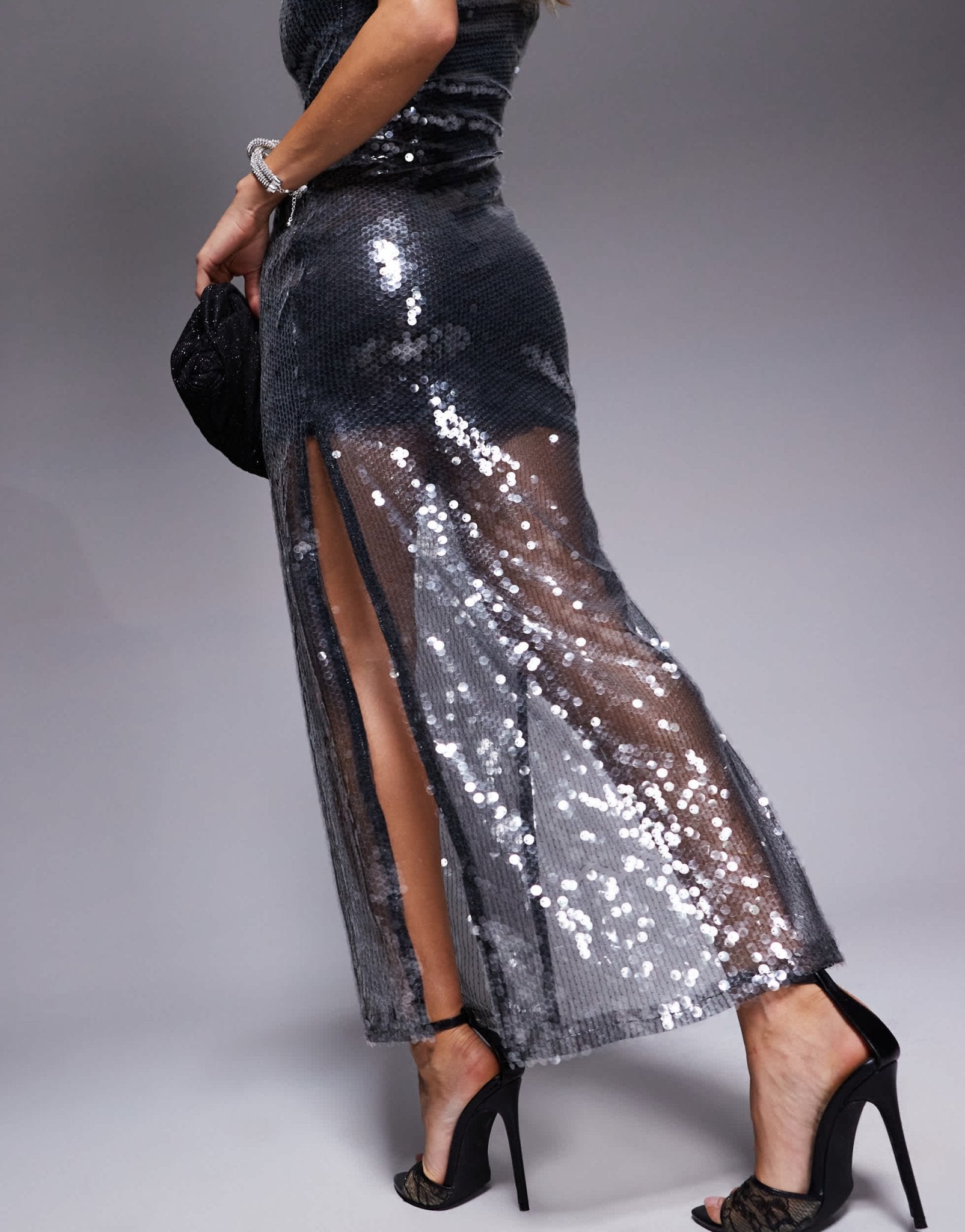 River Island strappy sequin midi slip dress in silver - ASOS Sample Sale