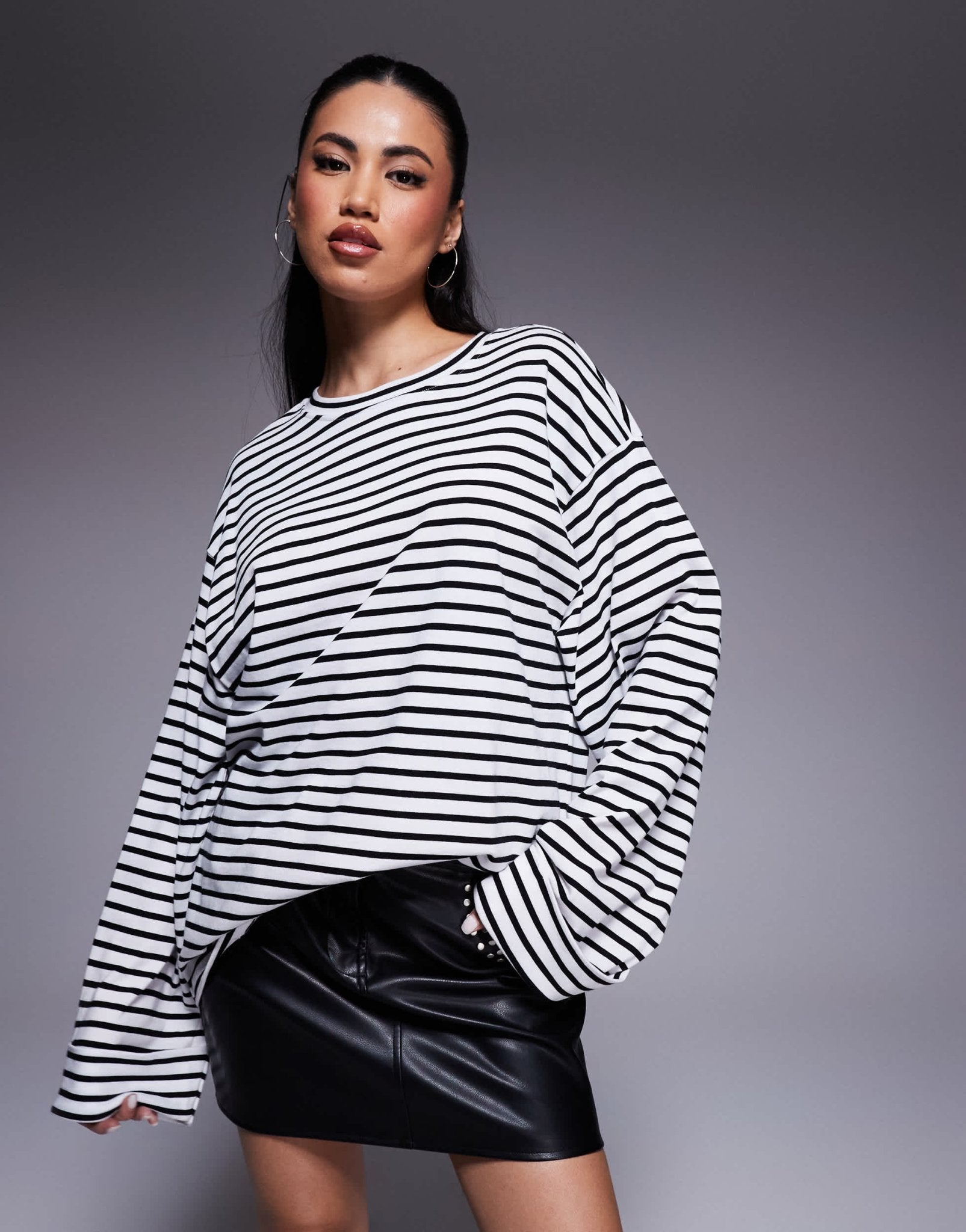 River Island stripe cuff sleeve top in black - ASOS Sample Sale