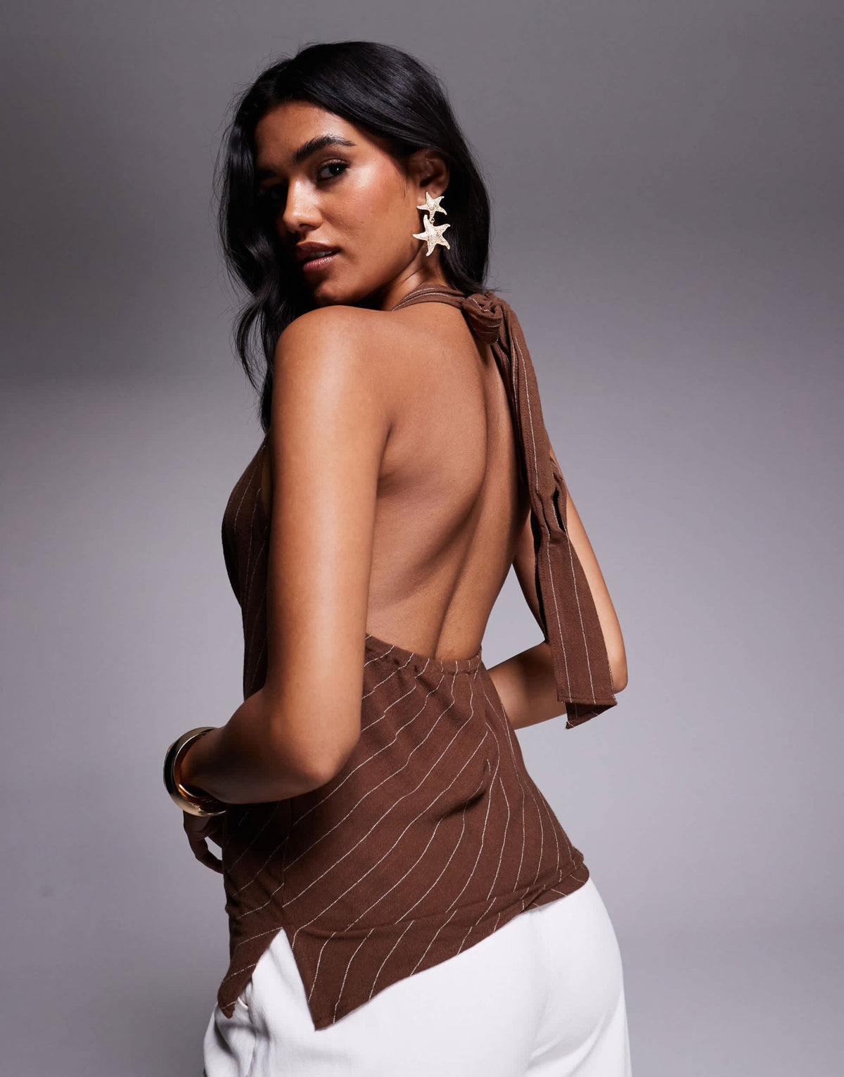 River Island striped halterneck top in brown - ASOS Sample Sale