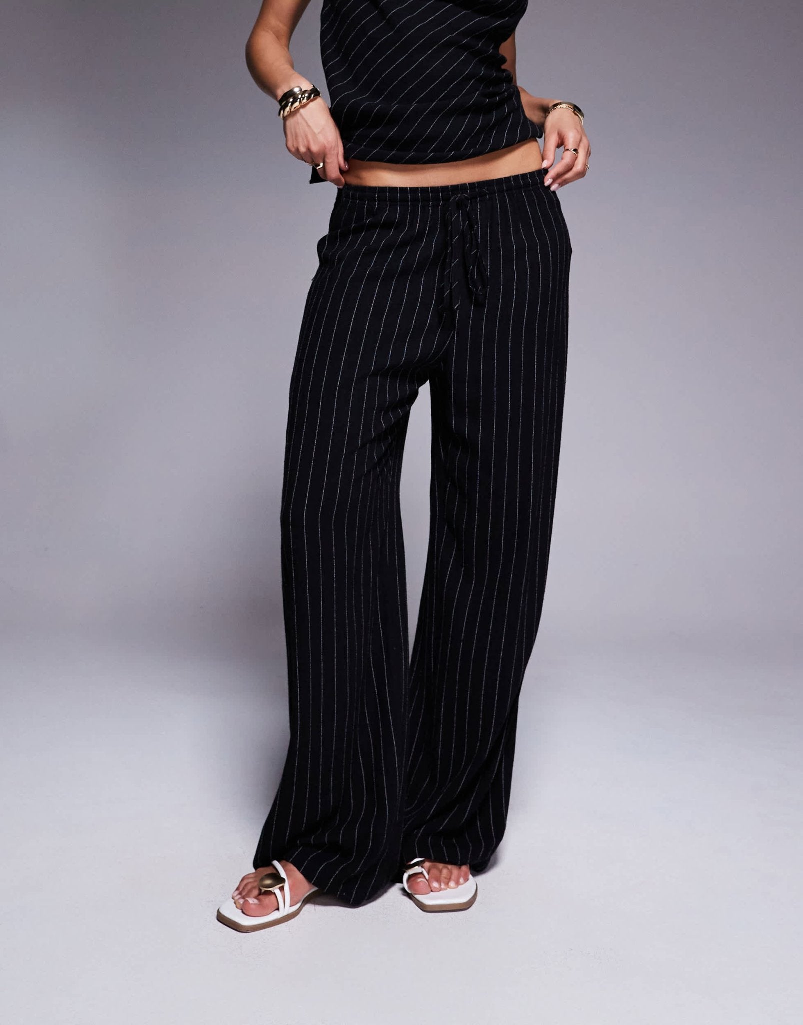 River Island striped linen trouser co-ord in black - ASOS Sample Sale