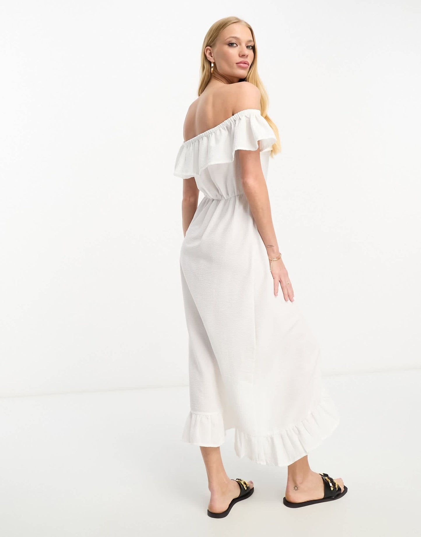River Island textured bardot frill midi dress in white - ASOS Sample Sale