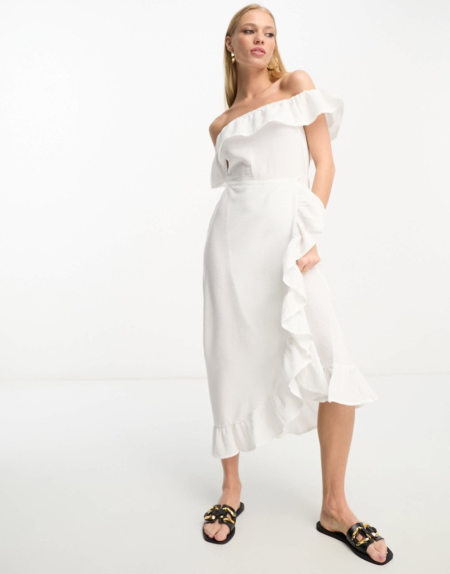 River Island textured bardot frill midi dress in white - ASOS Sample Sale