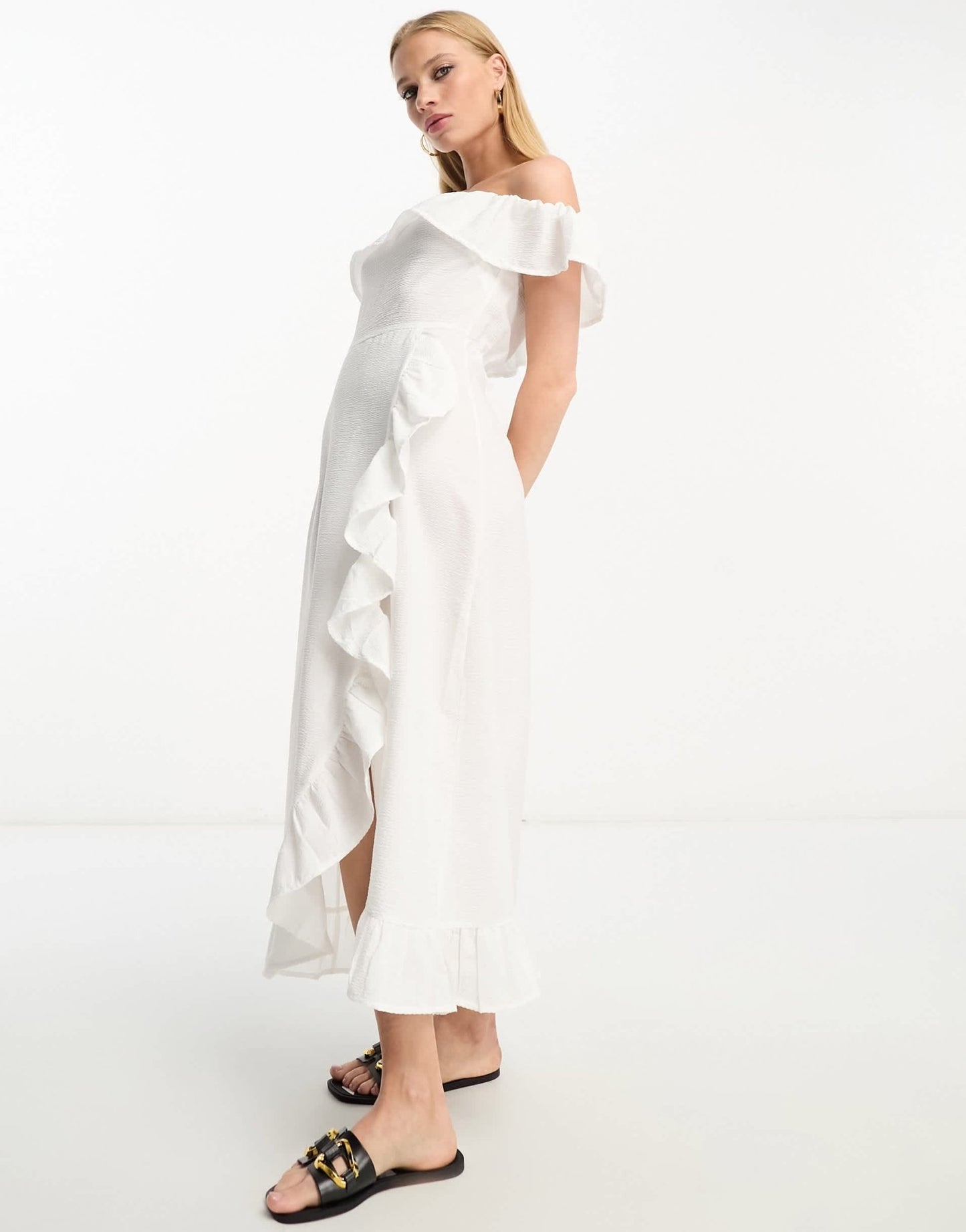 River Island textured bardot frill midi dress in white - ASOS Sample Sale