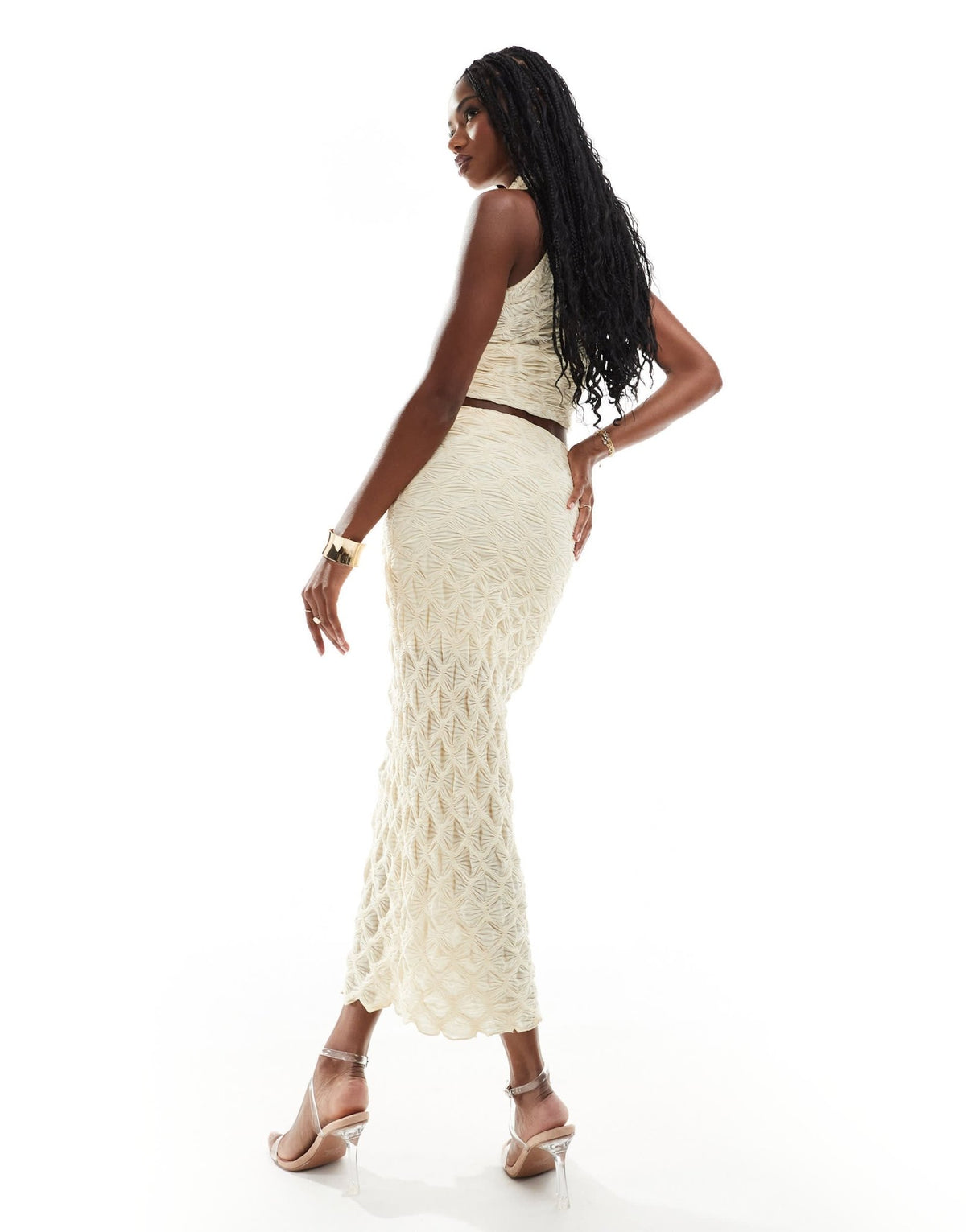 River Island textured midi skirt in cream - ASOS Sample Sale
