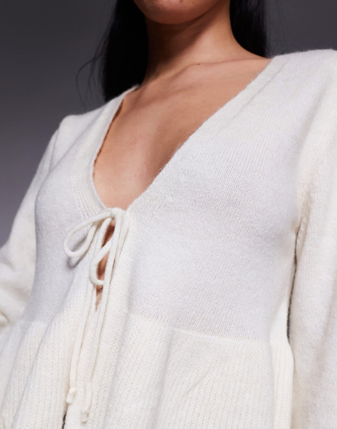 River Island tie front frilly cardigan in cream - ASOS Sample Sale