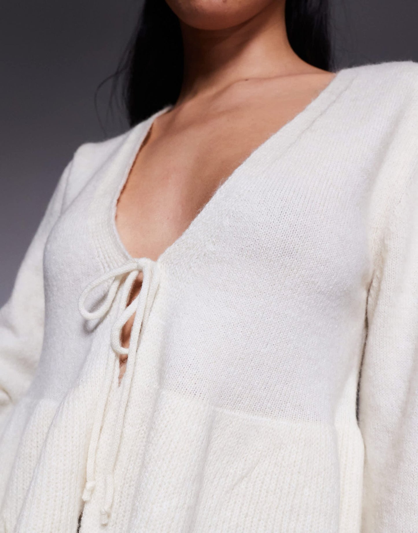 River Island tie front frilly cardigan in cream - ASOS Sample Sale