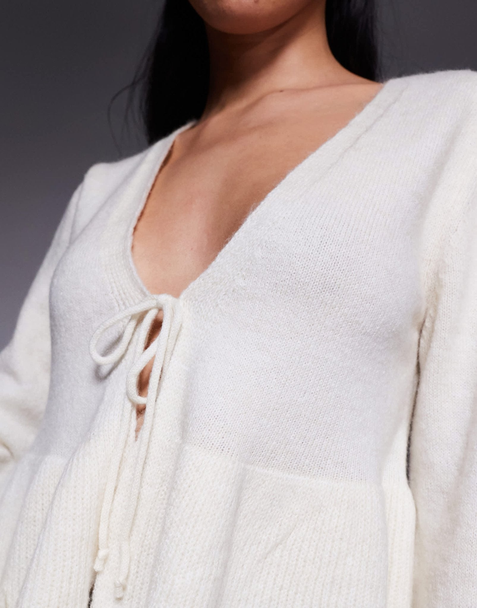 River Island tie front frilly cardigan in cream - ASOS Sample Sale