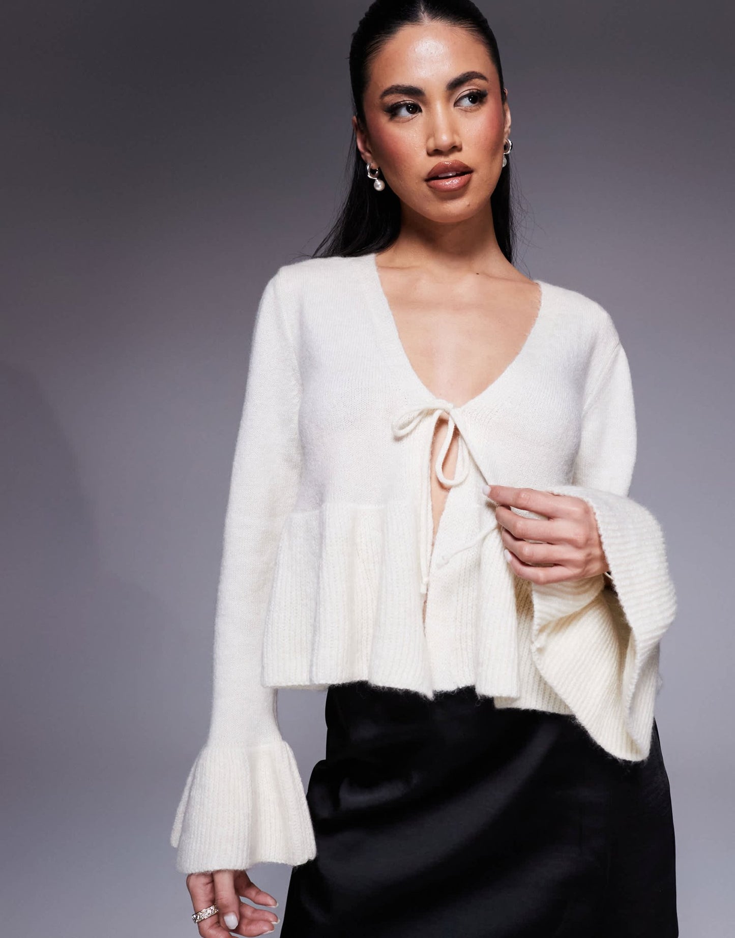 River Island tie front frilly cardigan in cream - ASOS Sample Sale