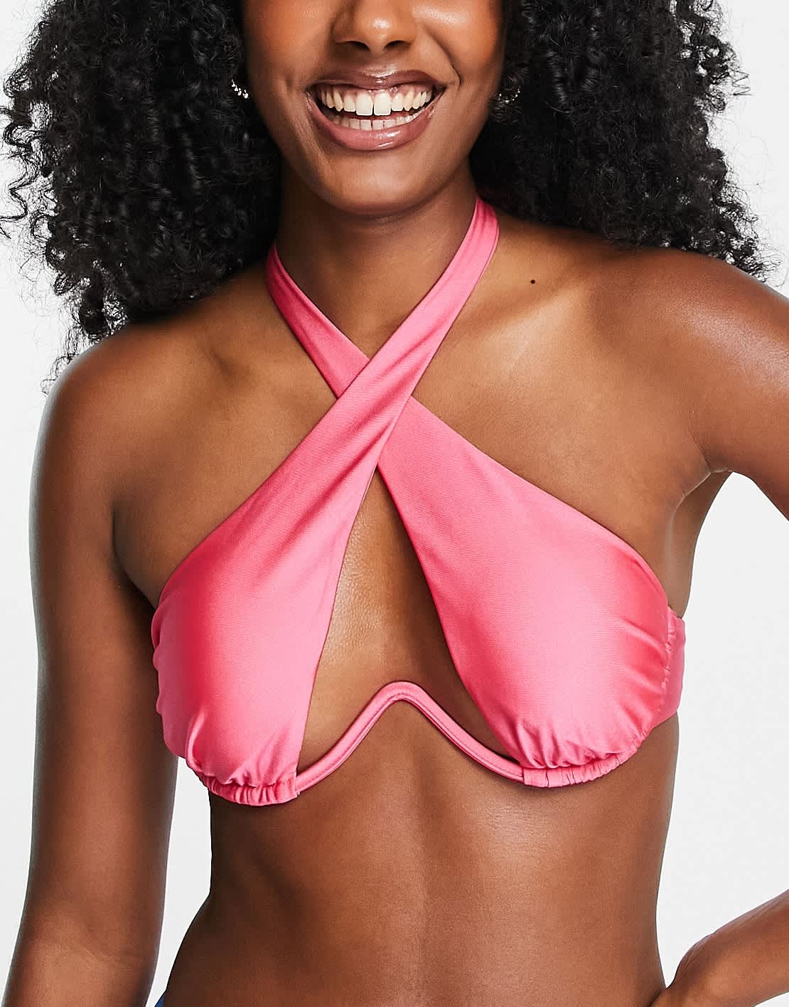 River Island underwire halter wrap bikini top in bright pink - ASOS Sample Sale