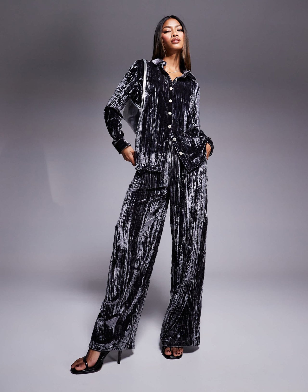 River Island velvet wide leg trouser co - ord in grey - ASOS Sample Sale