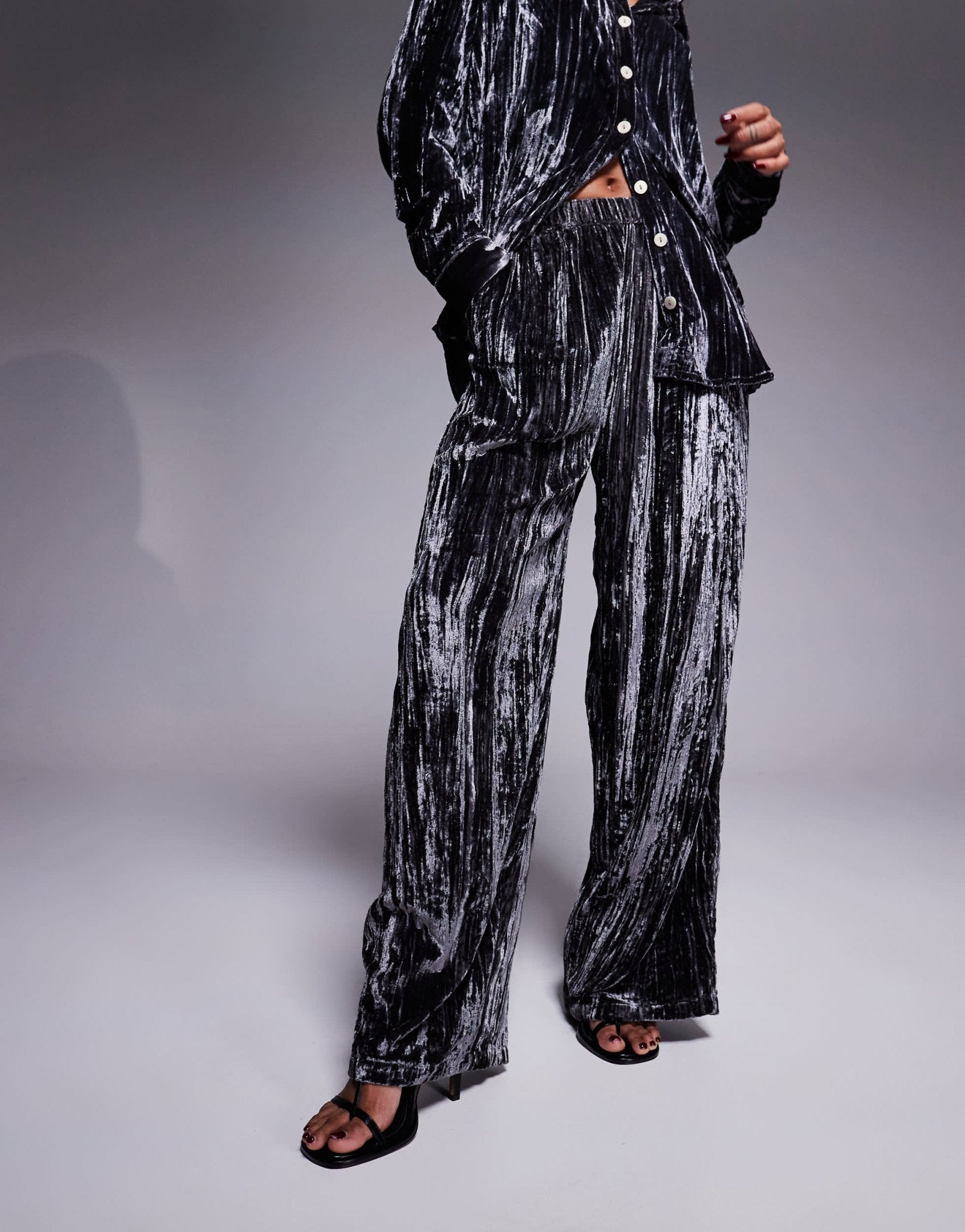 River Island velvet wide leg trouser co - ord in grey - ASOS Sample Sale