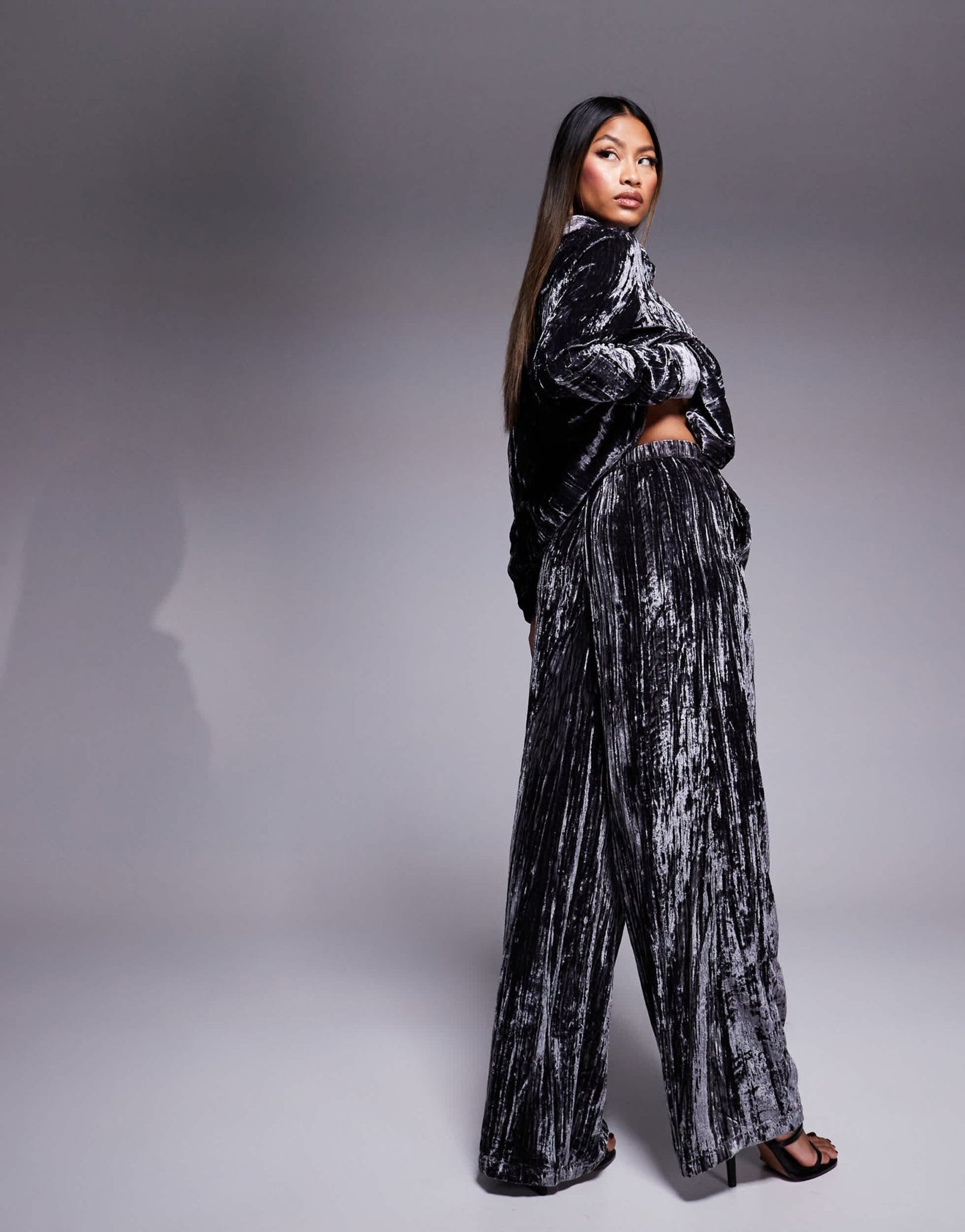 River Island velvet wide leg trouser co - ord in grey - ASOS Sample Sale