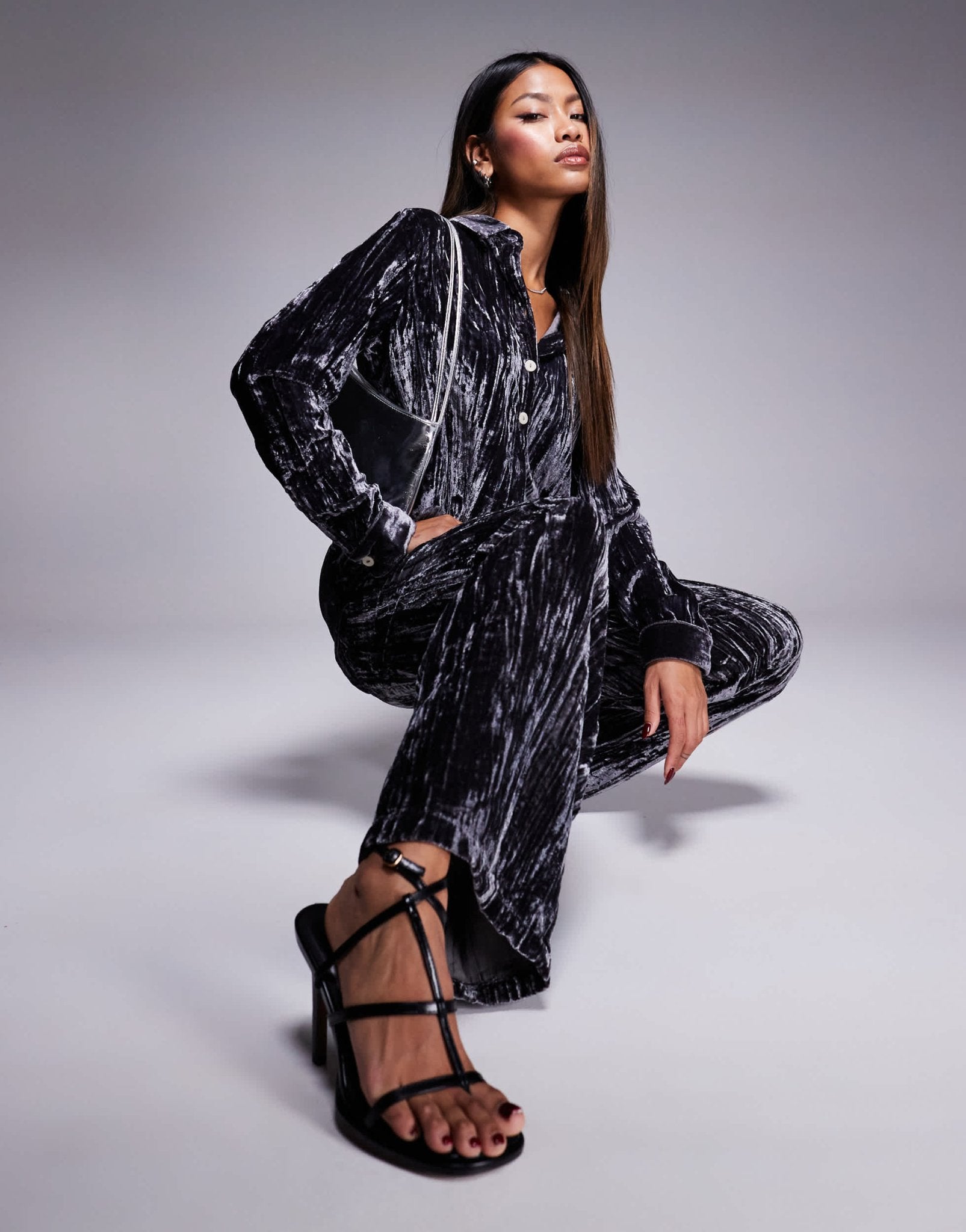 River Island velvet wide leg trouser co - ord in grey - ASOS Sample Sale