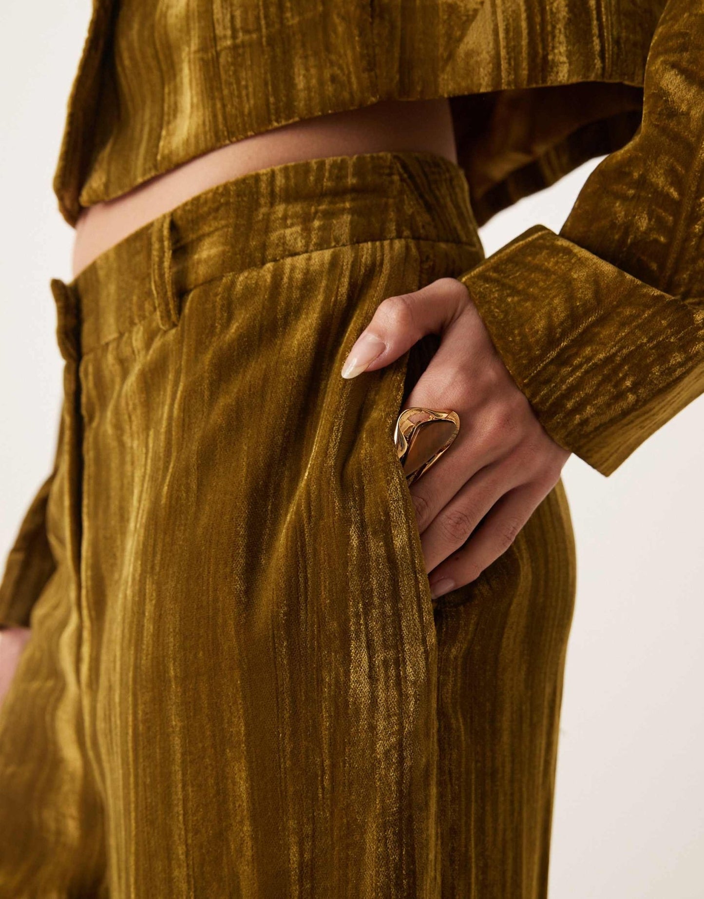 River Island velvet wide leg trouser co - ord in olive - ASOS Sample Sale