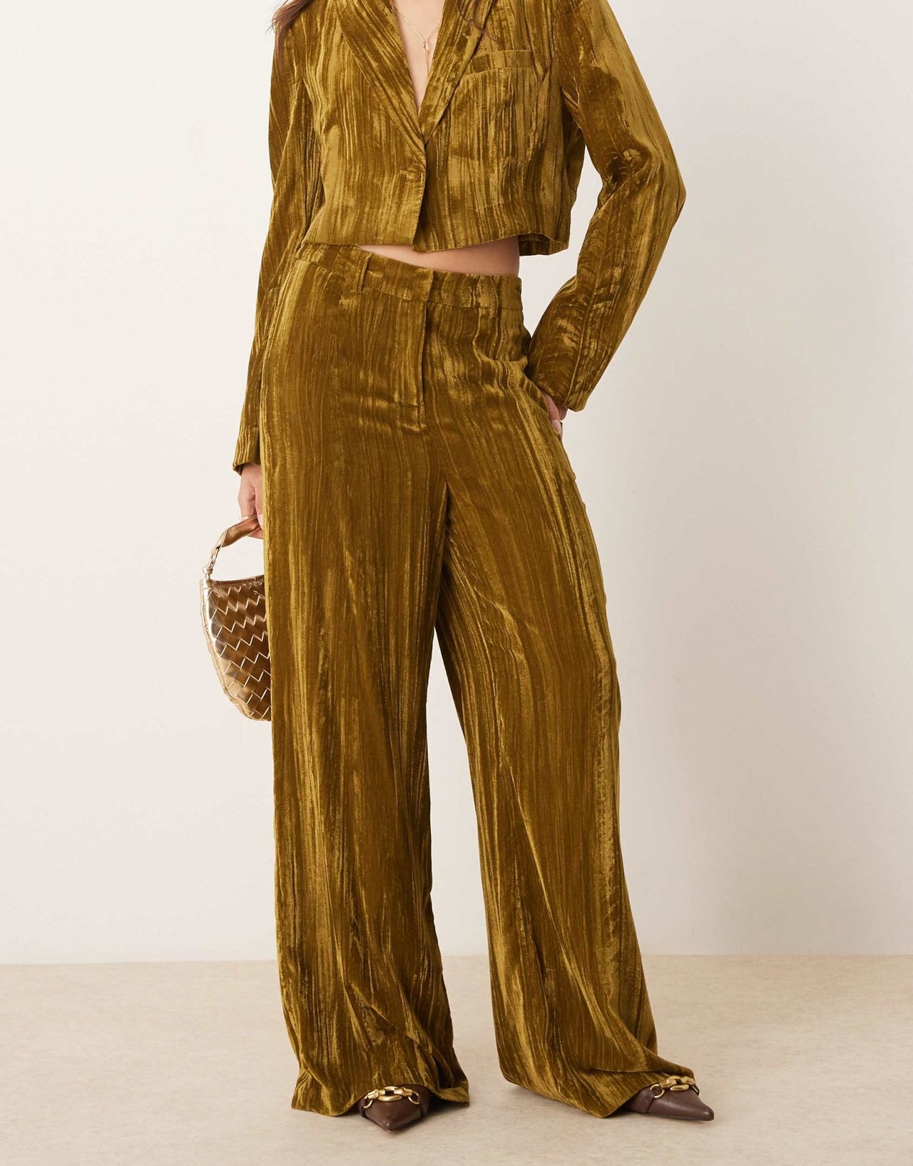 River Island velvet wide leg trouser co - ord in olive - ASOS Sample Sale