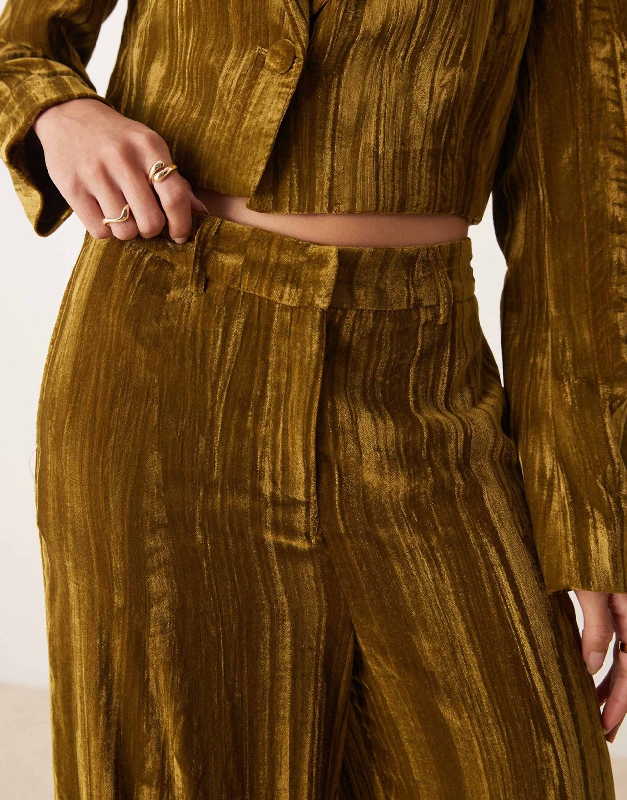 River Island velvet wide leg trouser co - ord in olive - ASOS Sample Sale