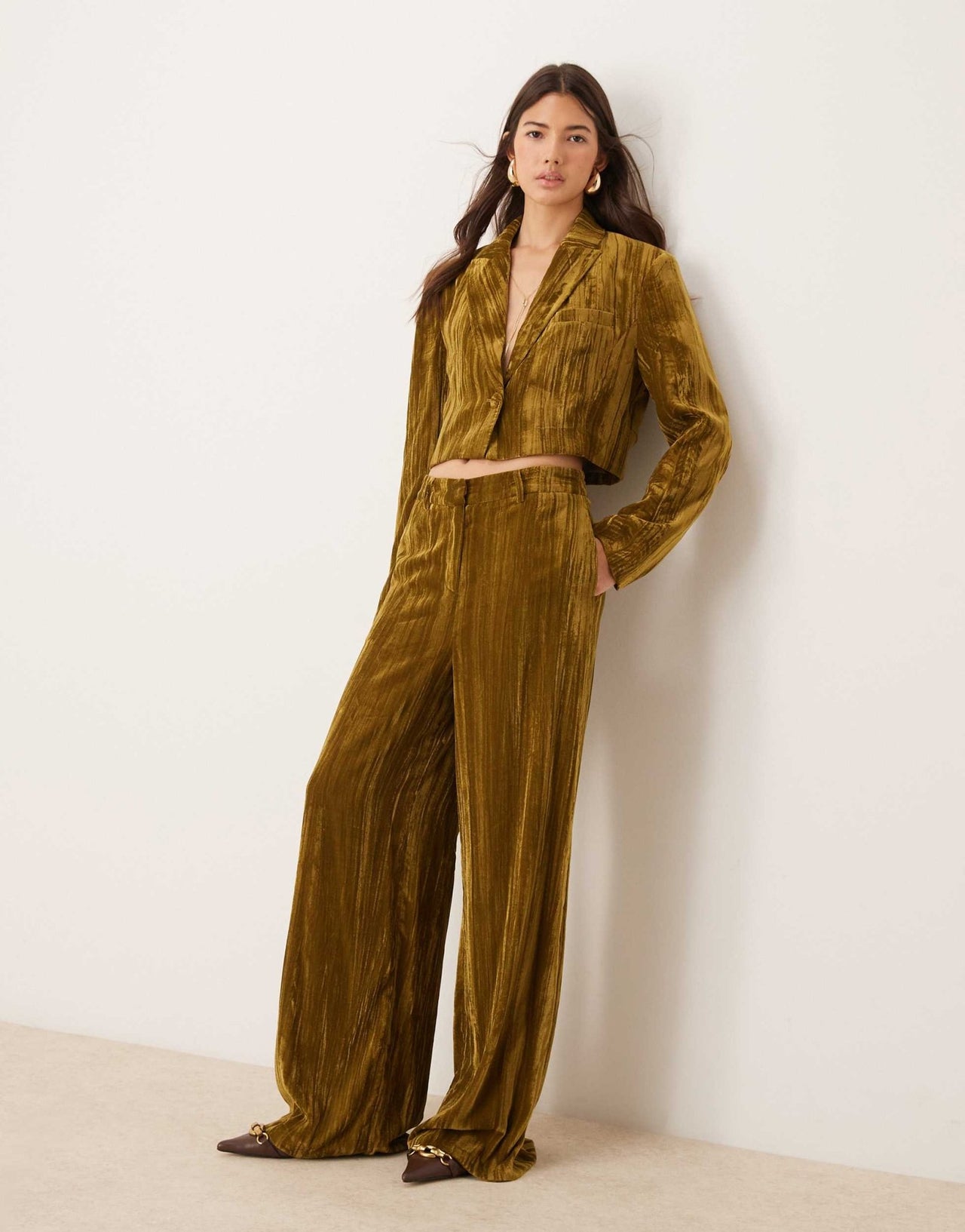 River Island velvet wide leg trouser co - ord in olive - ASOS Sample Sale