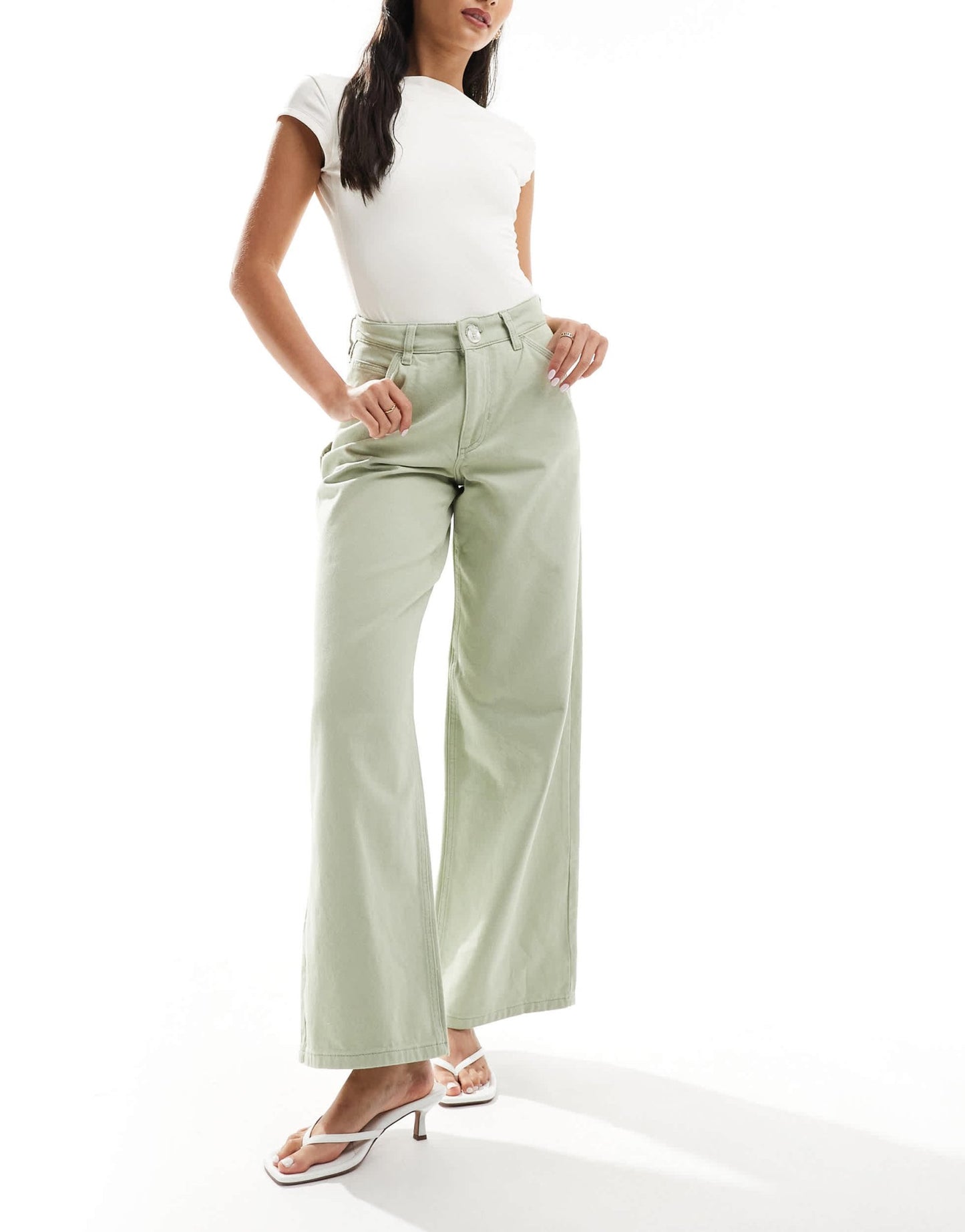 River Island wide leg jean in mid green - ASOS Sample Sale