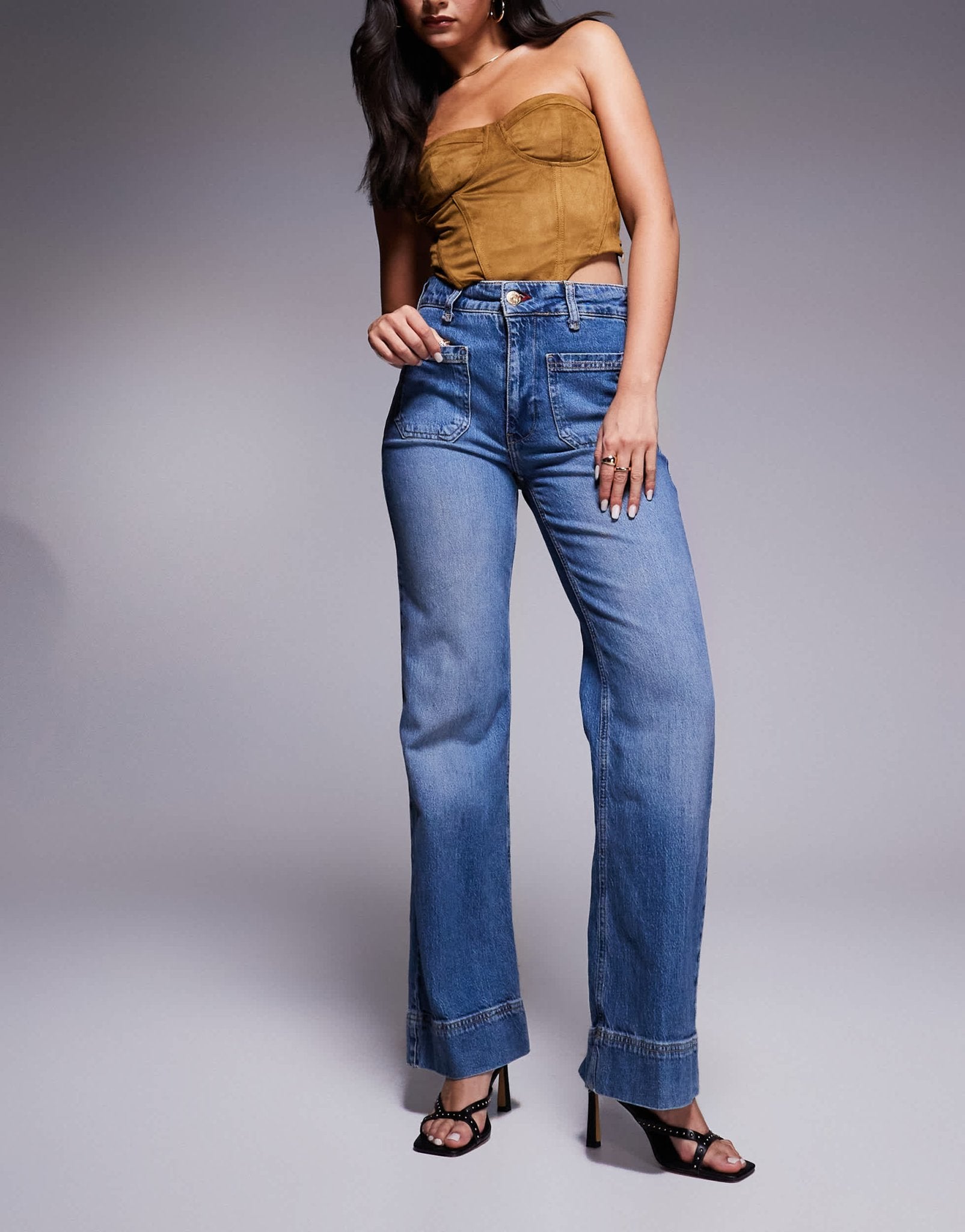 River Island wide leg jean in midwash blue - ASOS Sample Sale