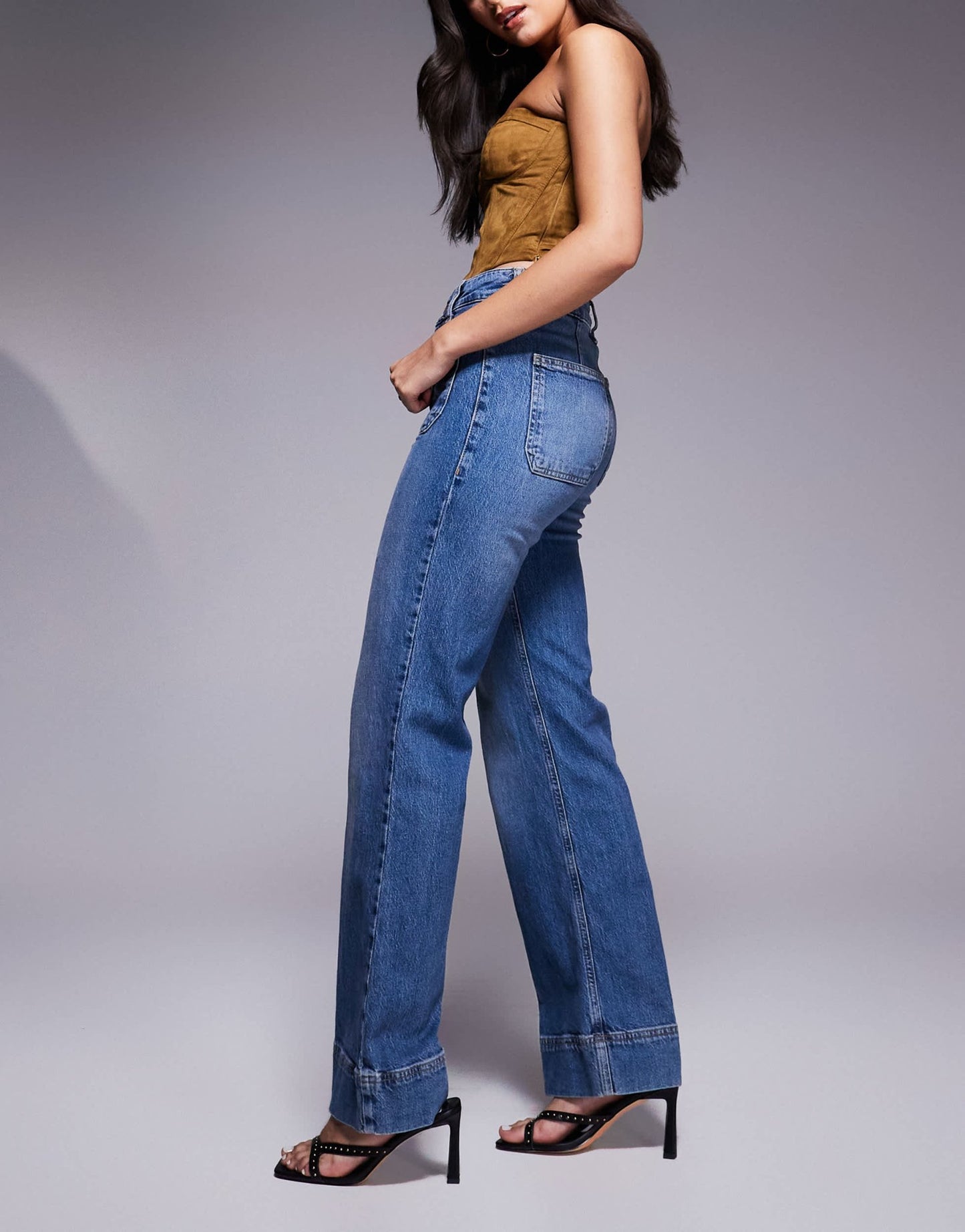 River Island wide leg jean in midwash blue - ASOS Sample Sale