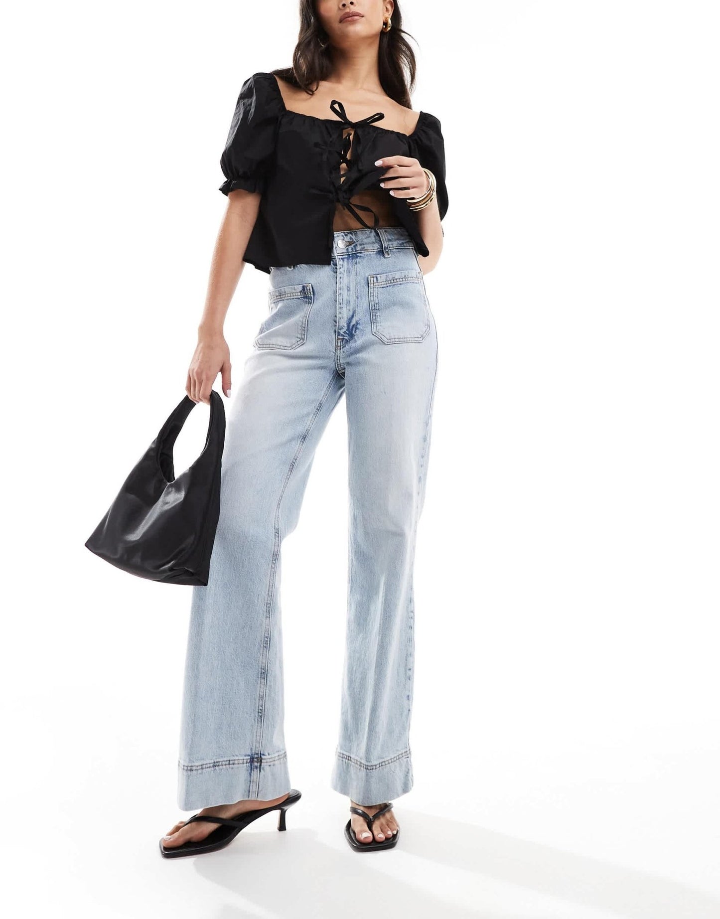 River Island wide leg jean with pocket detail in lightwash blue - ASOS Sample Sale