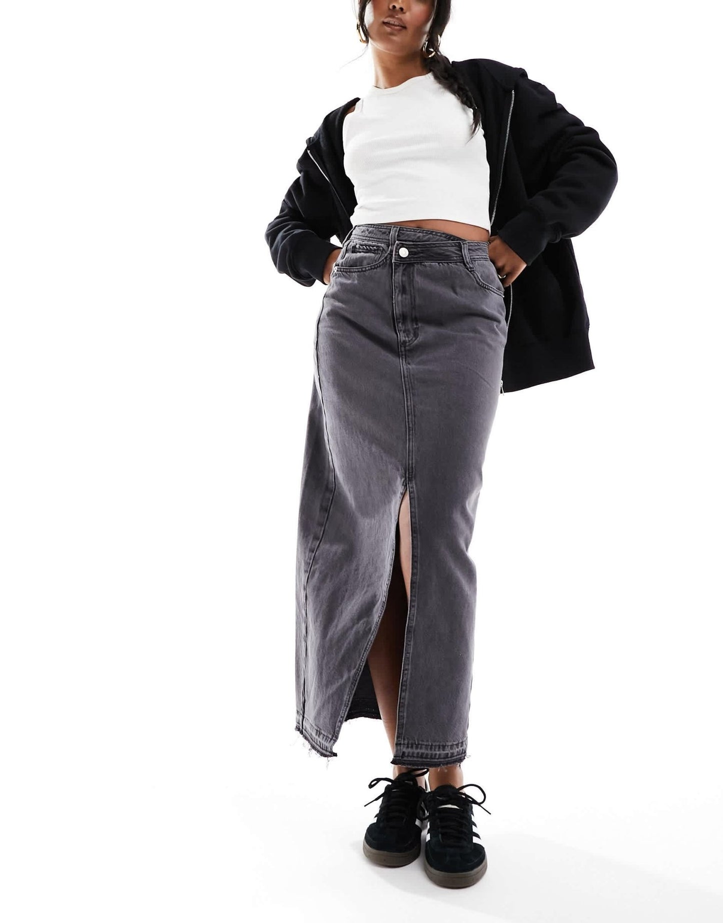 River Island wrapover waist denim maxi skirt in dark grey - ASOS Sample Sale