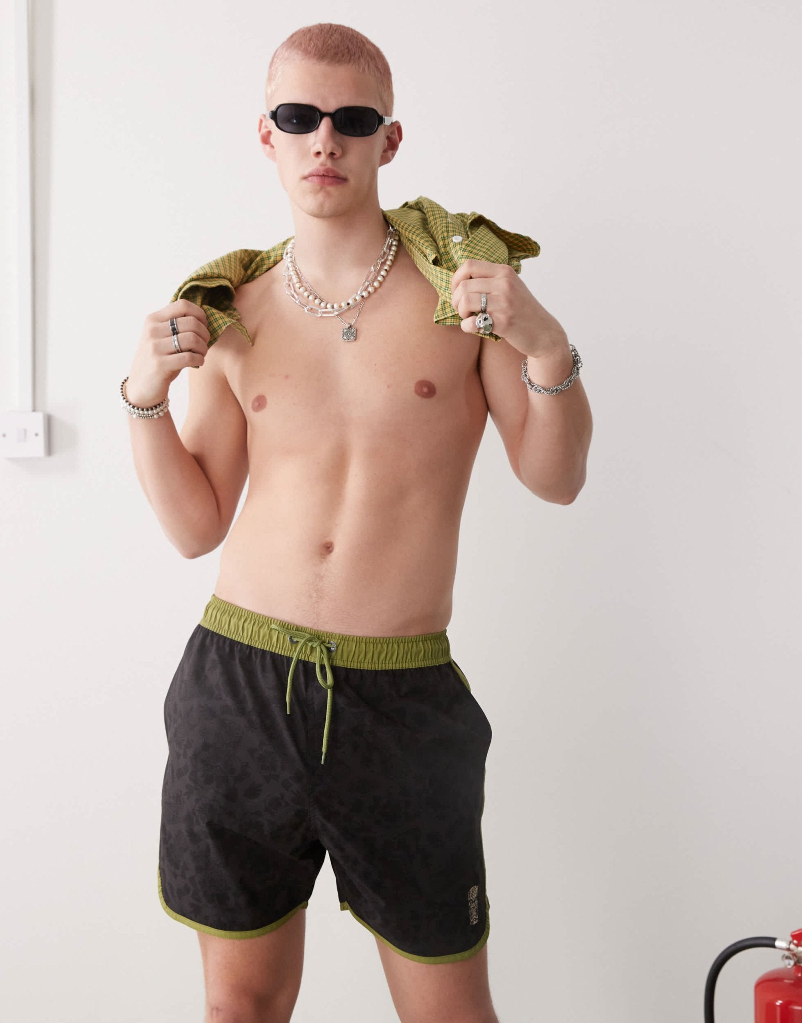 Santa Cruz drawstring swimshorts in black with khaki trim - ASOS Sample Sale