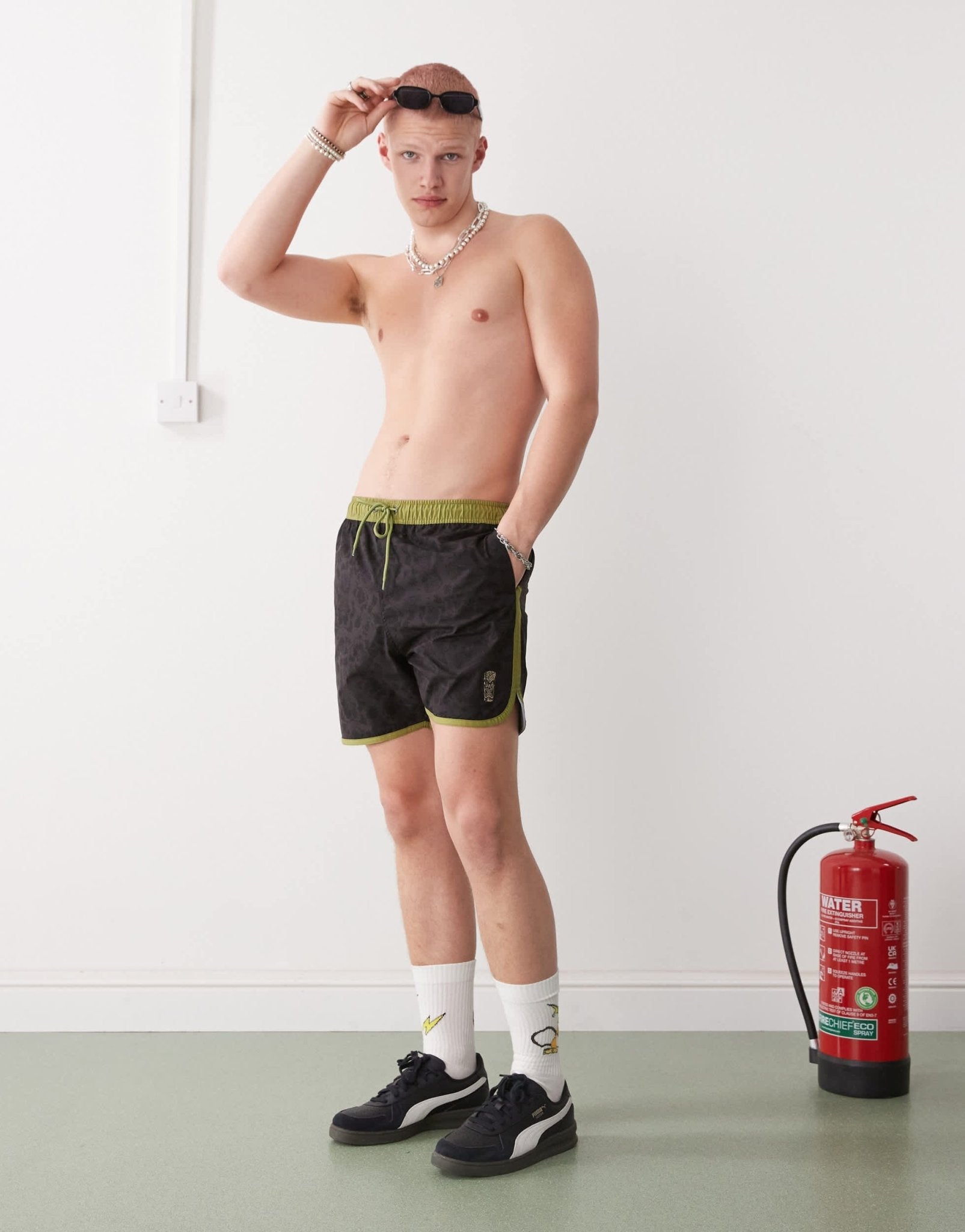 Santa Cruz drawstring swimshorts in black with khaki trim - ASOS Sample Sale