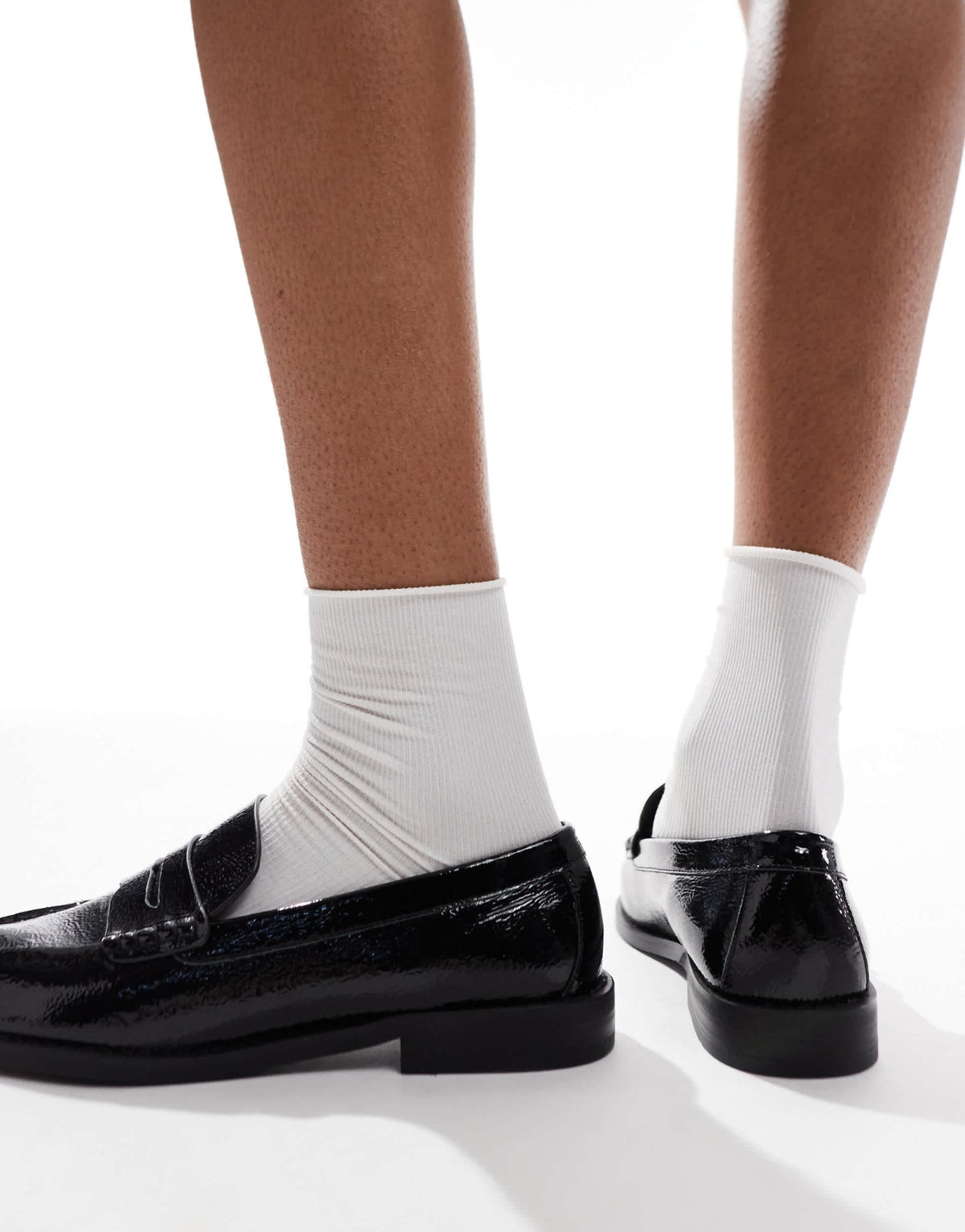 schuh Lillian penny loafers in black crinkle leather - ASOS Sample Sale