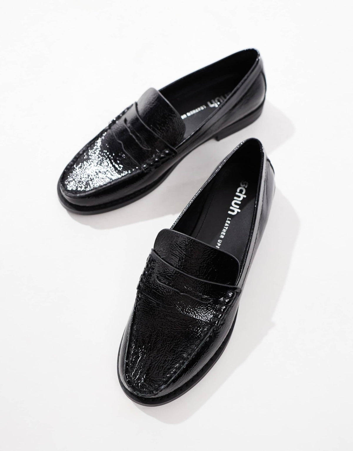 schuh Lillian penny loafers in black crinkle leather - ASOS Sample Sale