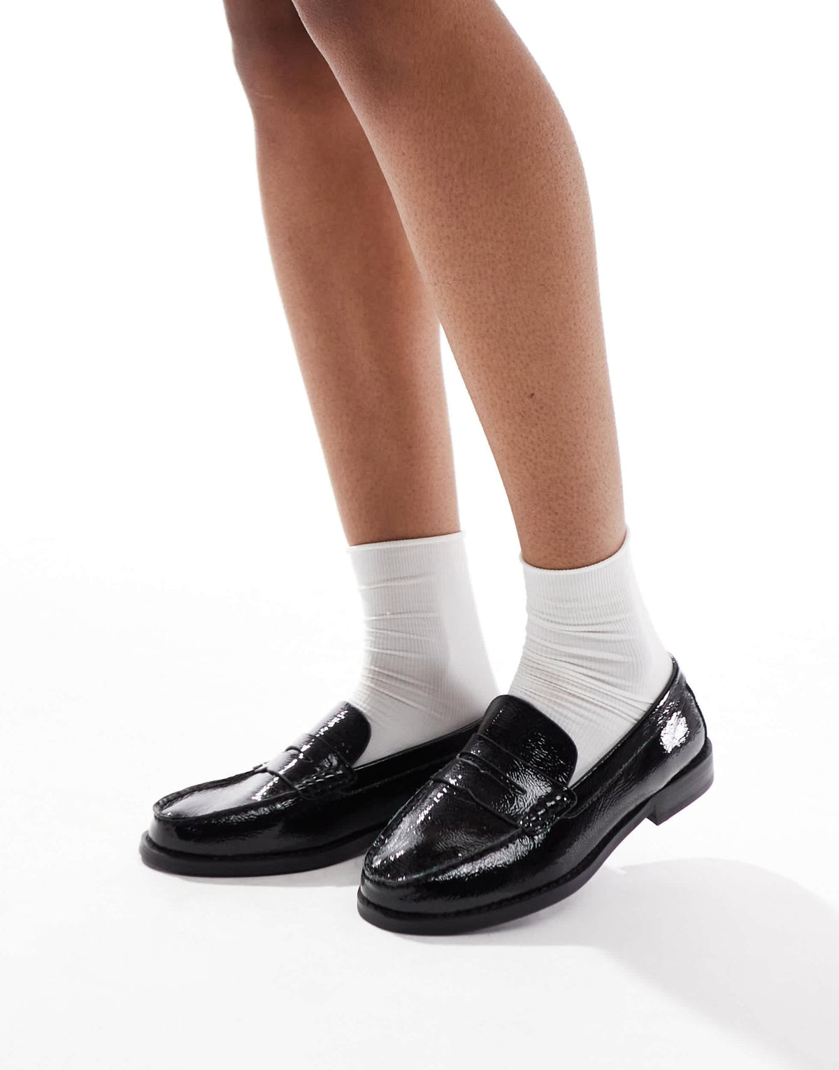 schuh Lillian penny loafers in black crinkle leather - ASOS Sample Sale