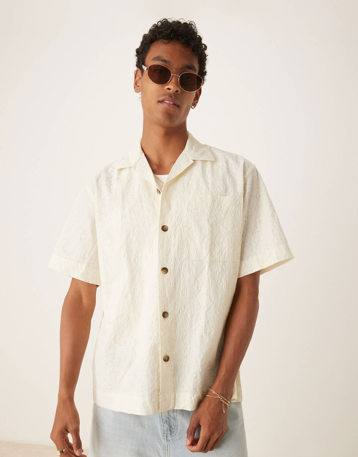 Selected 100% cotton textured pattern shirt in cream - ASOS Sample Sale
