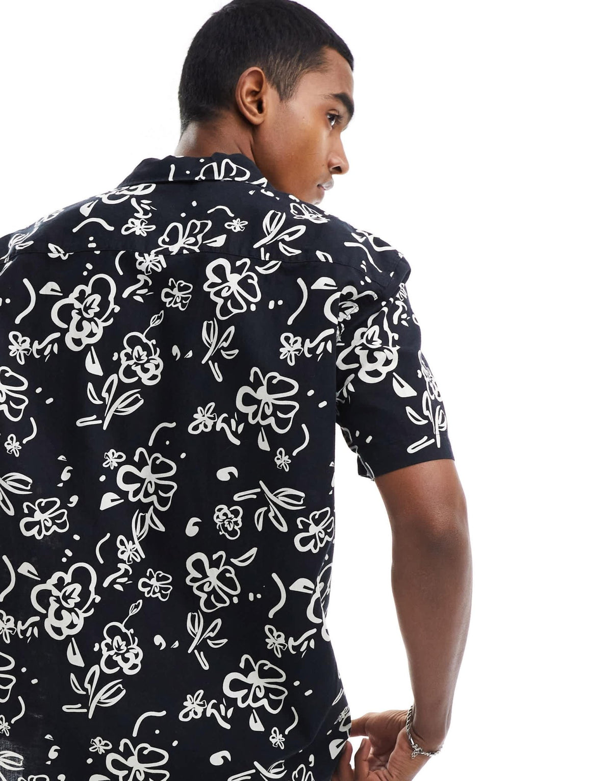 Selected linen mix revere collar shirt with print in black - ASOS Sample Sale