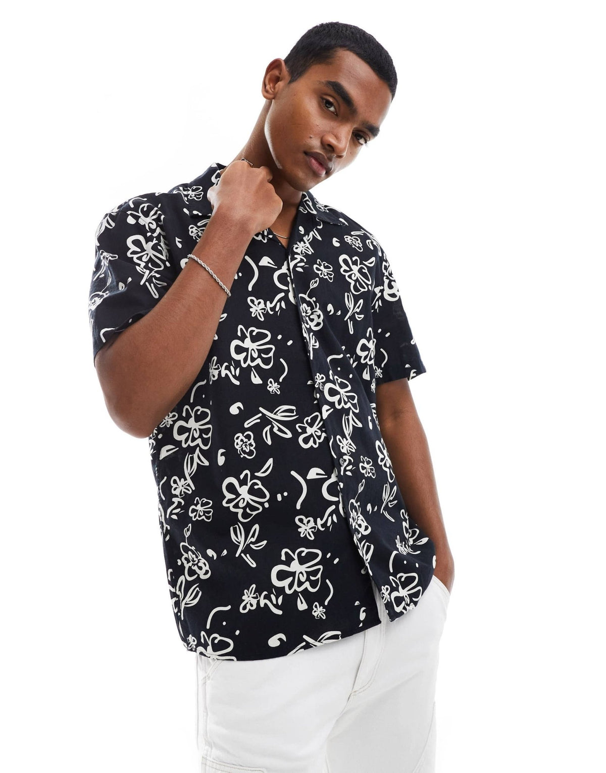 Selected linen mix revere collar shirt with print in black - ASOS Sample Sale