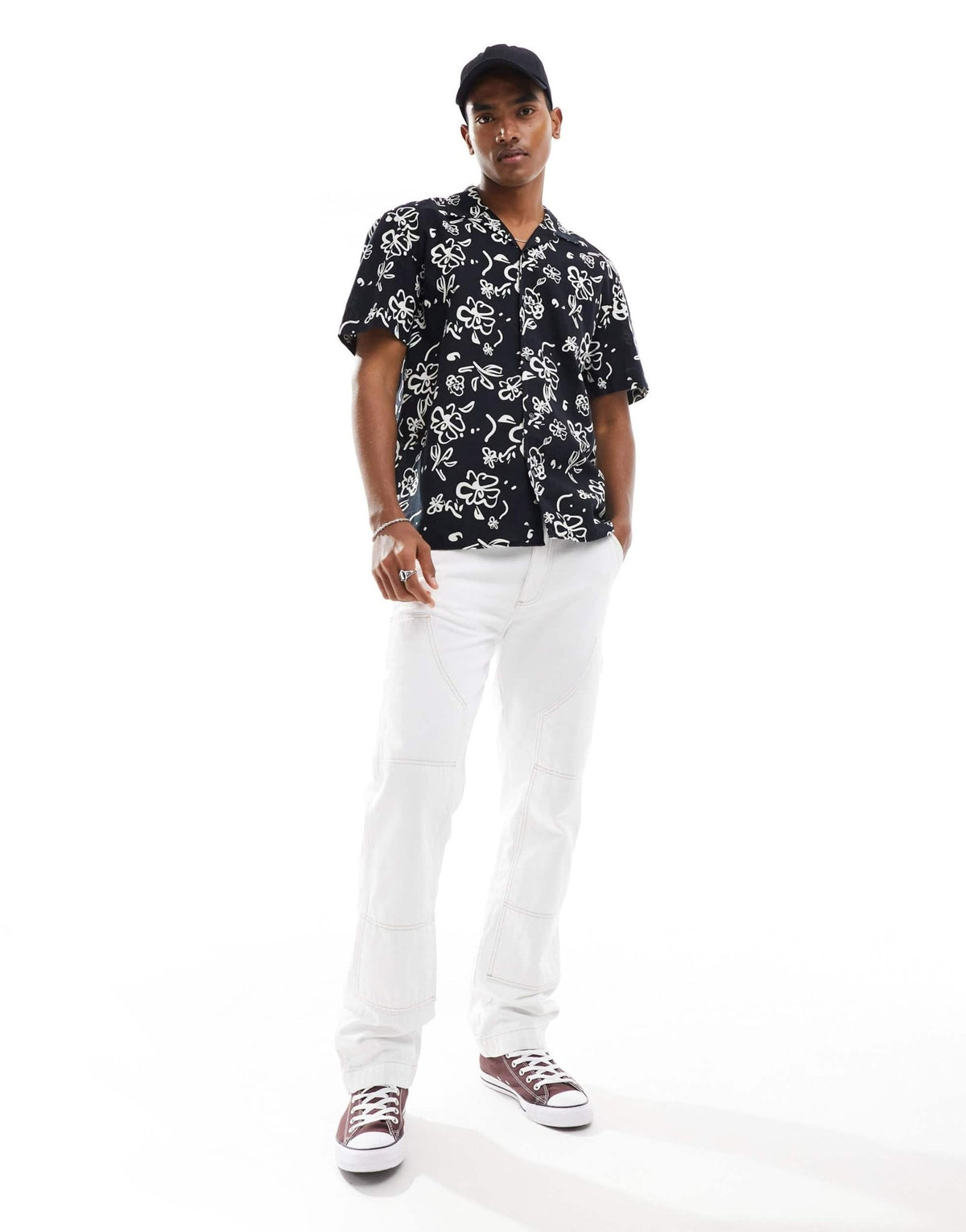 Selected linen mix revere collar shirt with print in black - ASOS Sample Sale