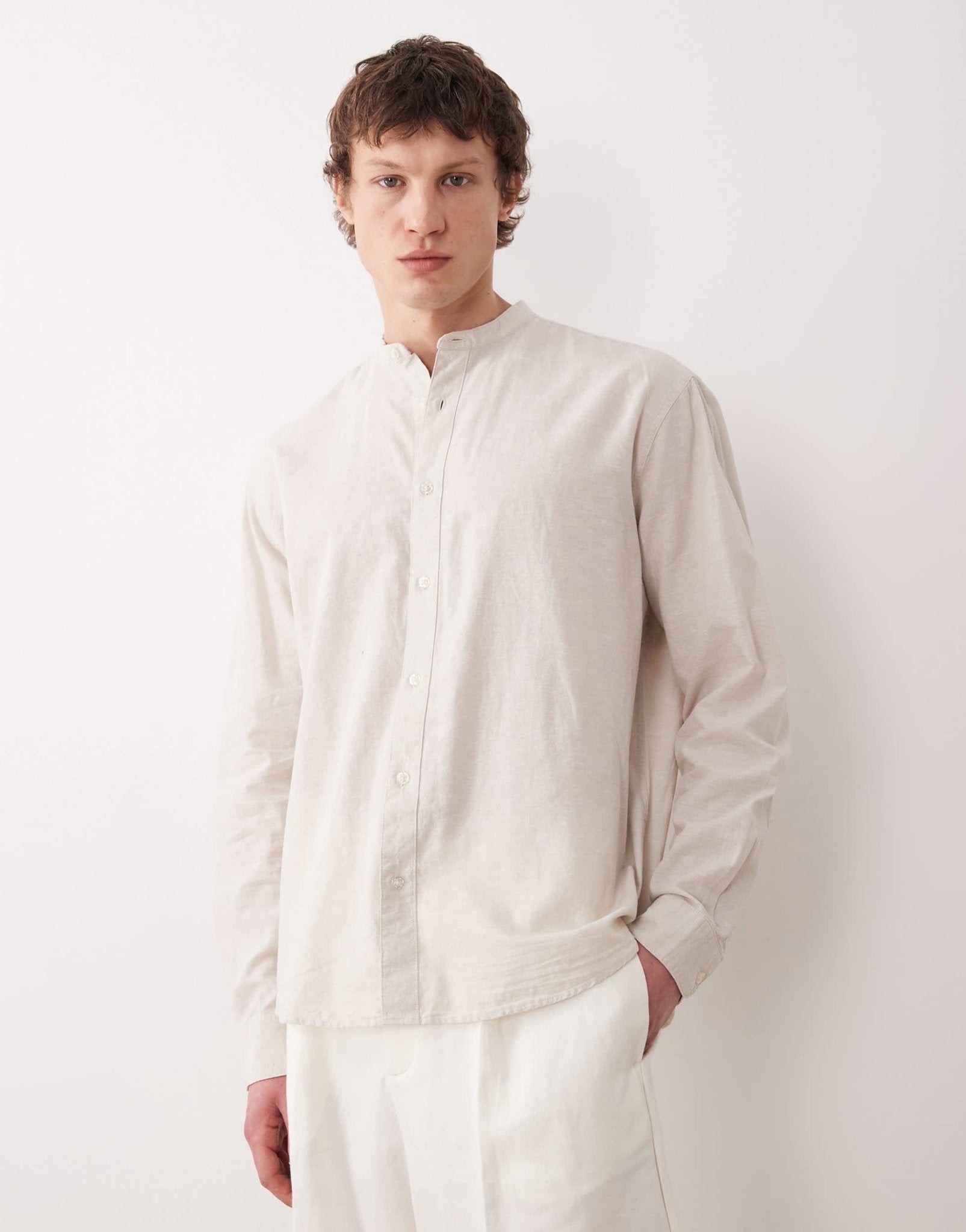 Selected long sleeve grandad collar linen blend shirt in cream - ASOS Sample Sale