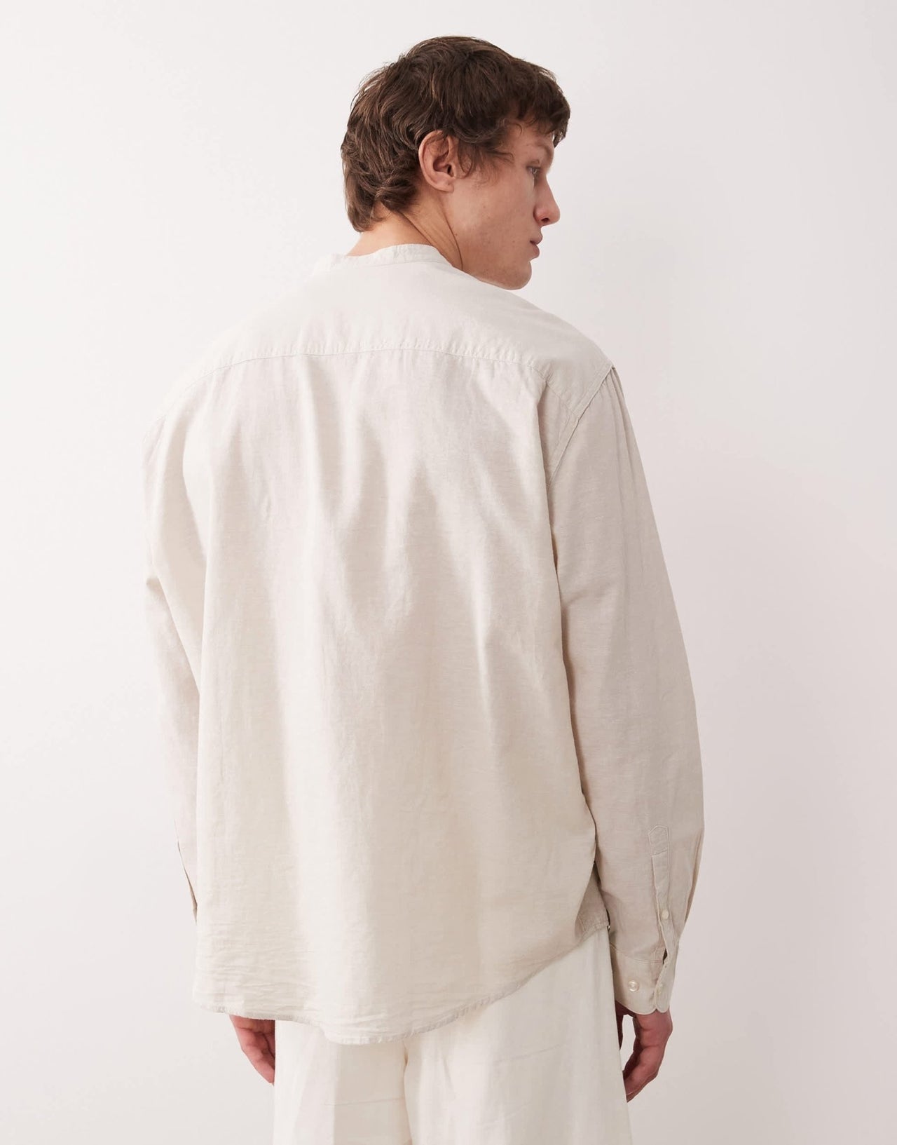 Selected long sleeve grandad collar linen blend shirt in cream - ASOS Sample Sale