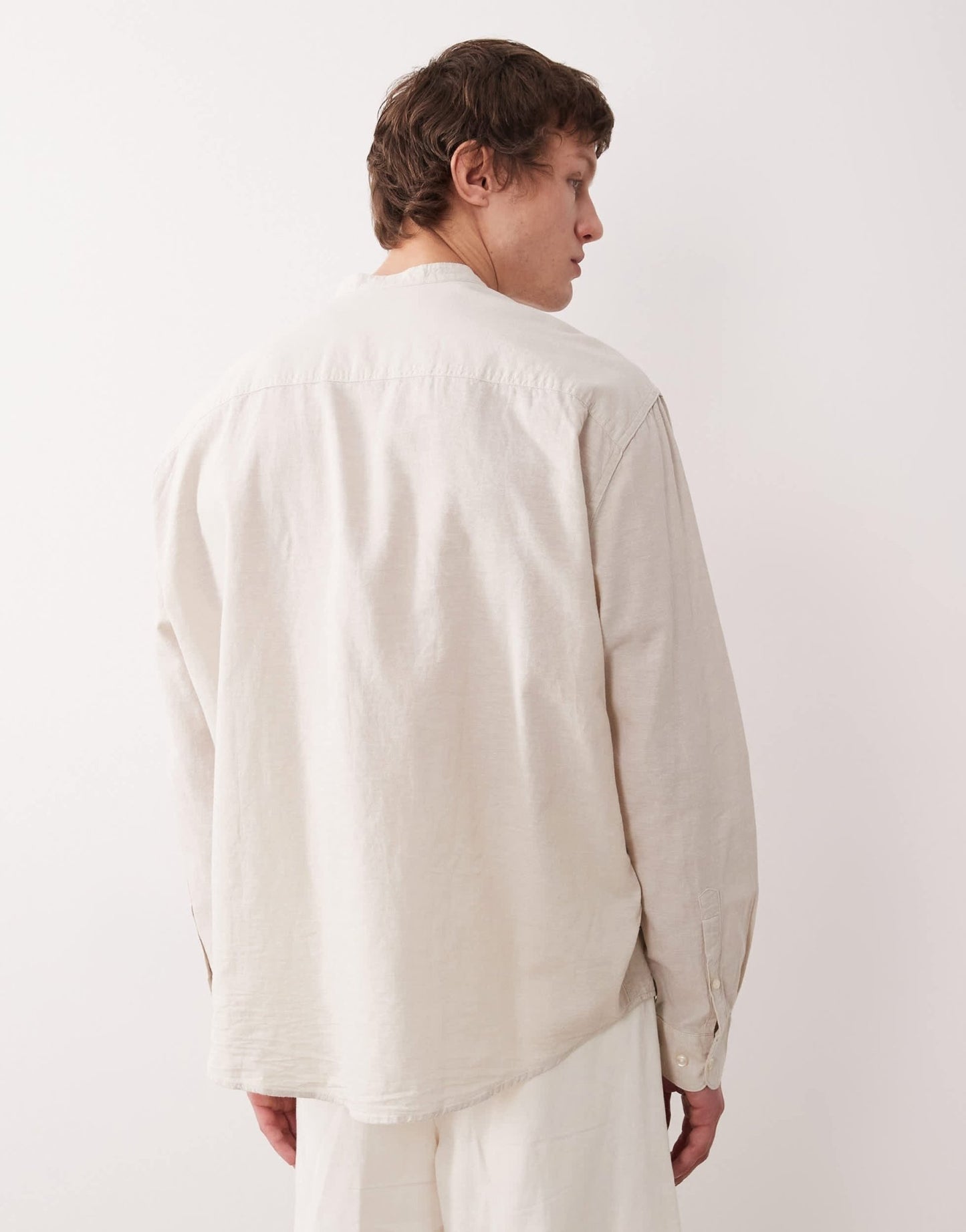 Selected long sleeve grandad collar linen blend shirt in cream - ASOS Sample Sale