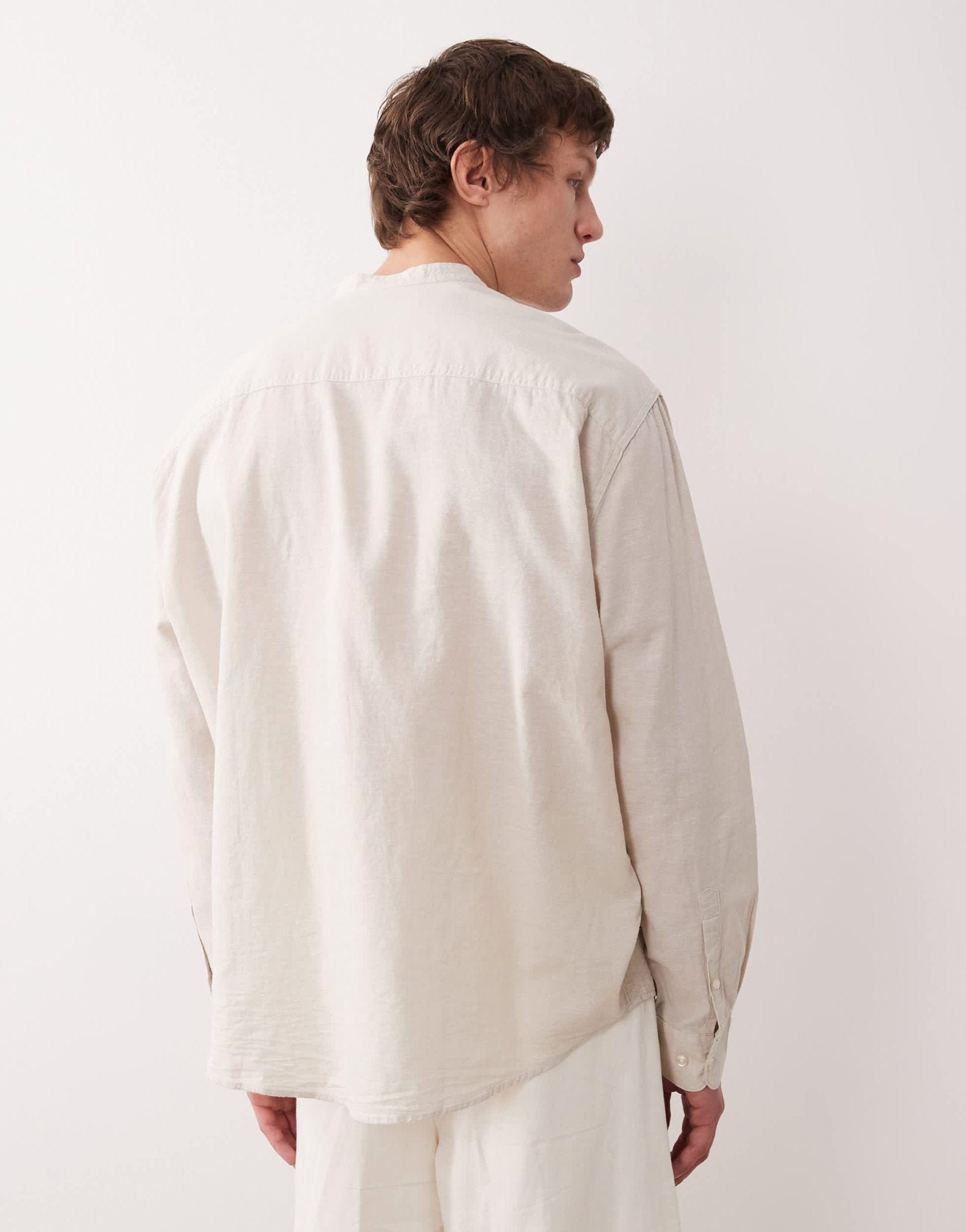 Selected long sleeve grandad collar linen blend shirt in cream - ASOS Sample Sale