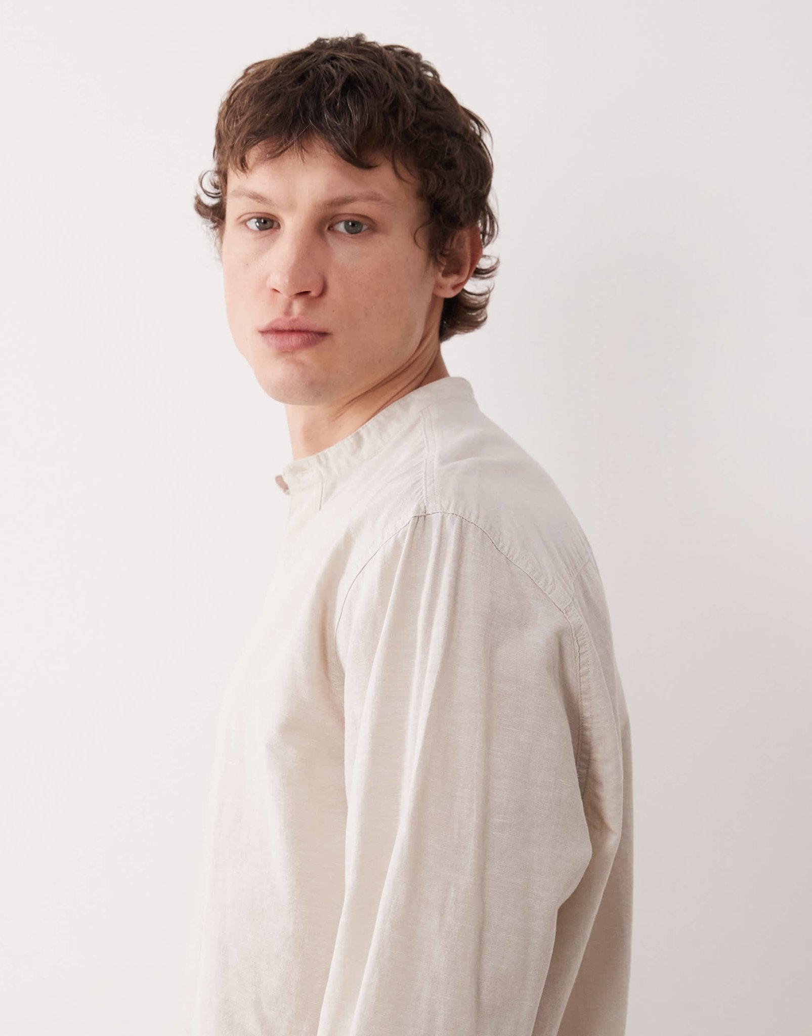Selected long sleeve grandad collar linen blend shirt in cream - ASOS Sample Sale