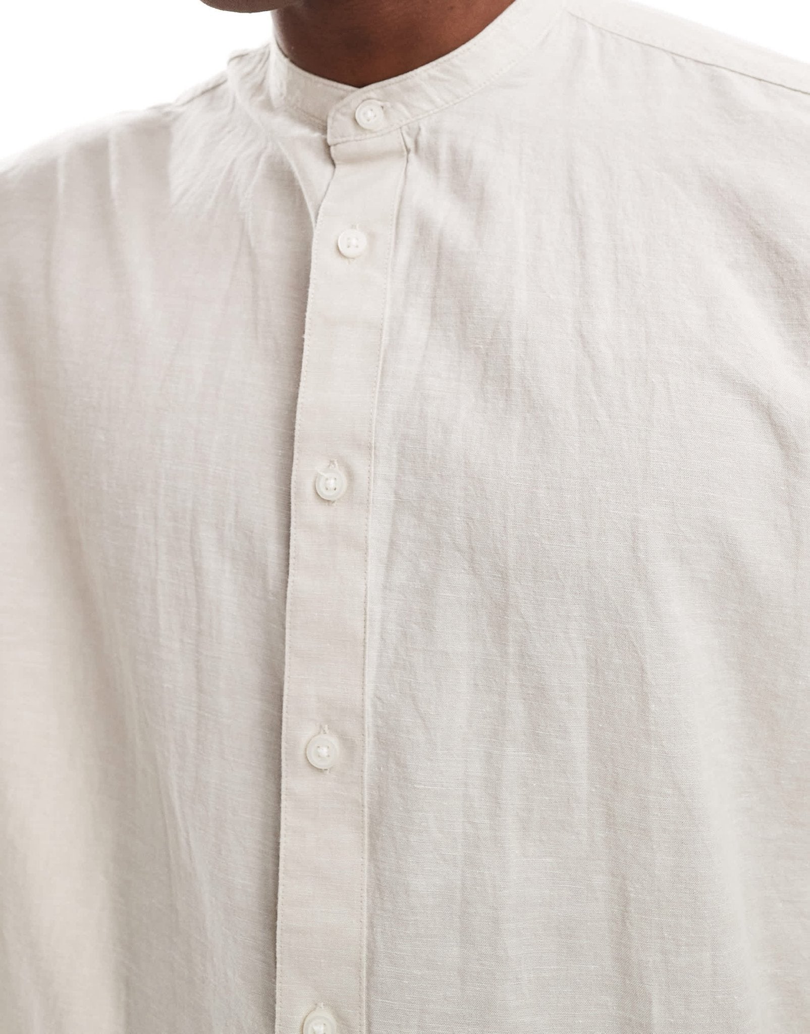 Selected oversized linen mix grandad collar shirt in beige - ASOS Sample Sale