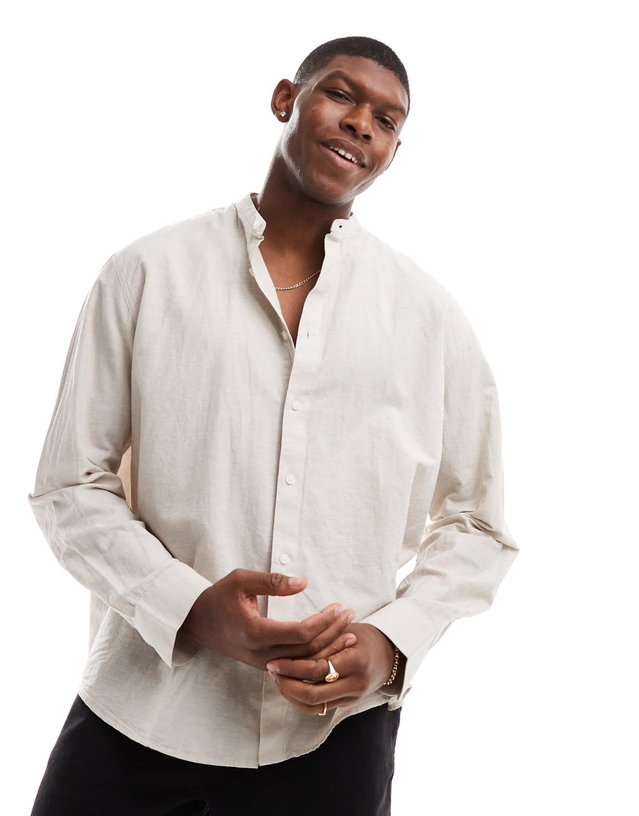 Selected oversized linen mix grandad collar shirt in beige - ASOS Sample Sale