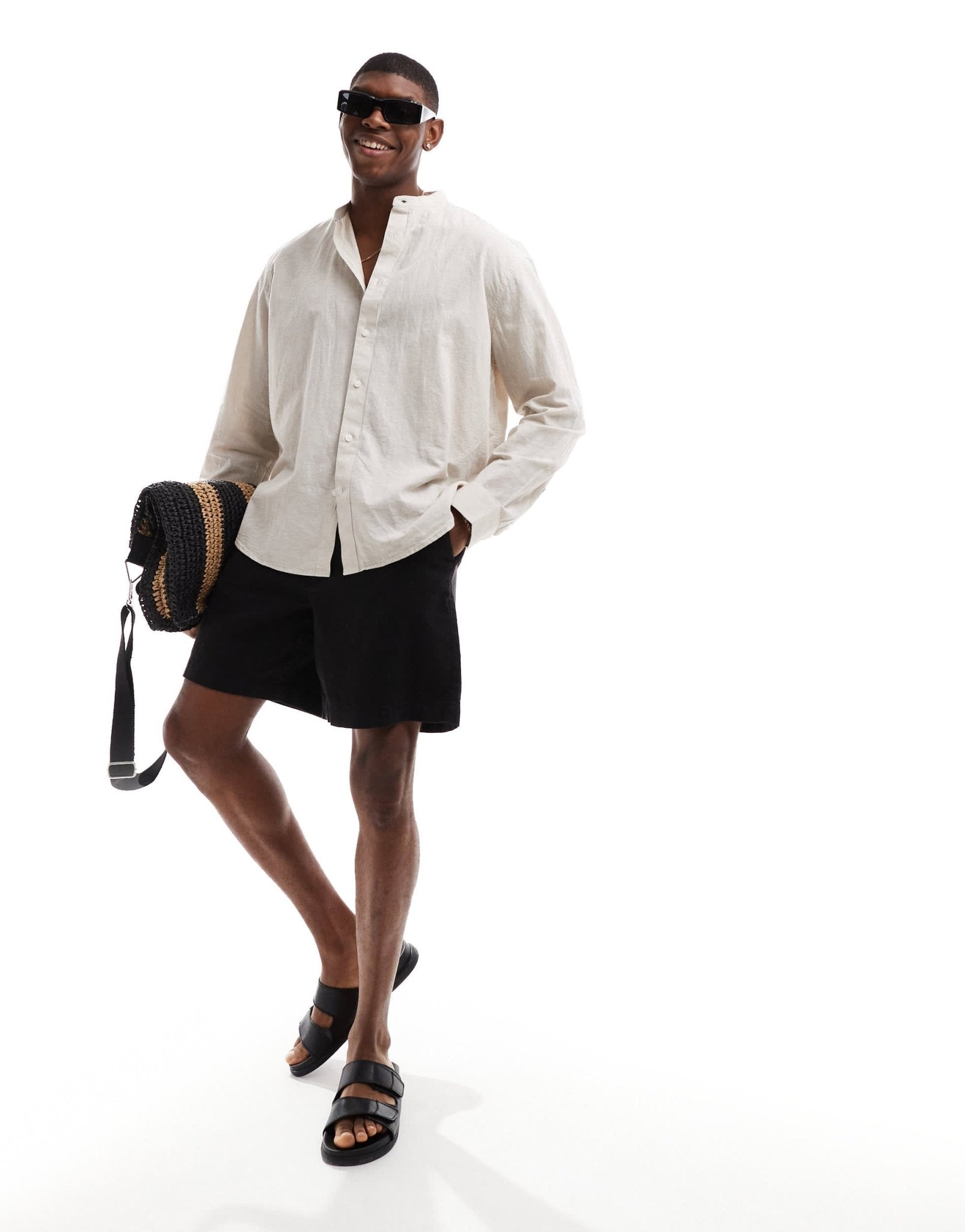 Selected oversized linen mix grandad collar shirt in beige - ASOS Sample Sale