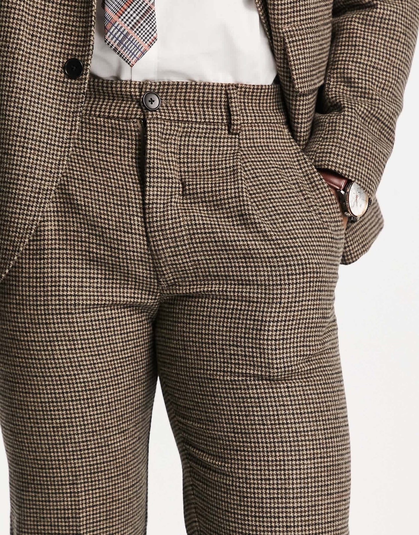 Selected regular fit suit trousers in brown houndstooth - ASOS Sample Sale