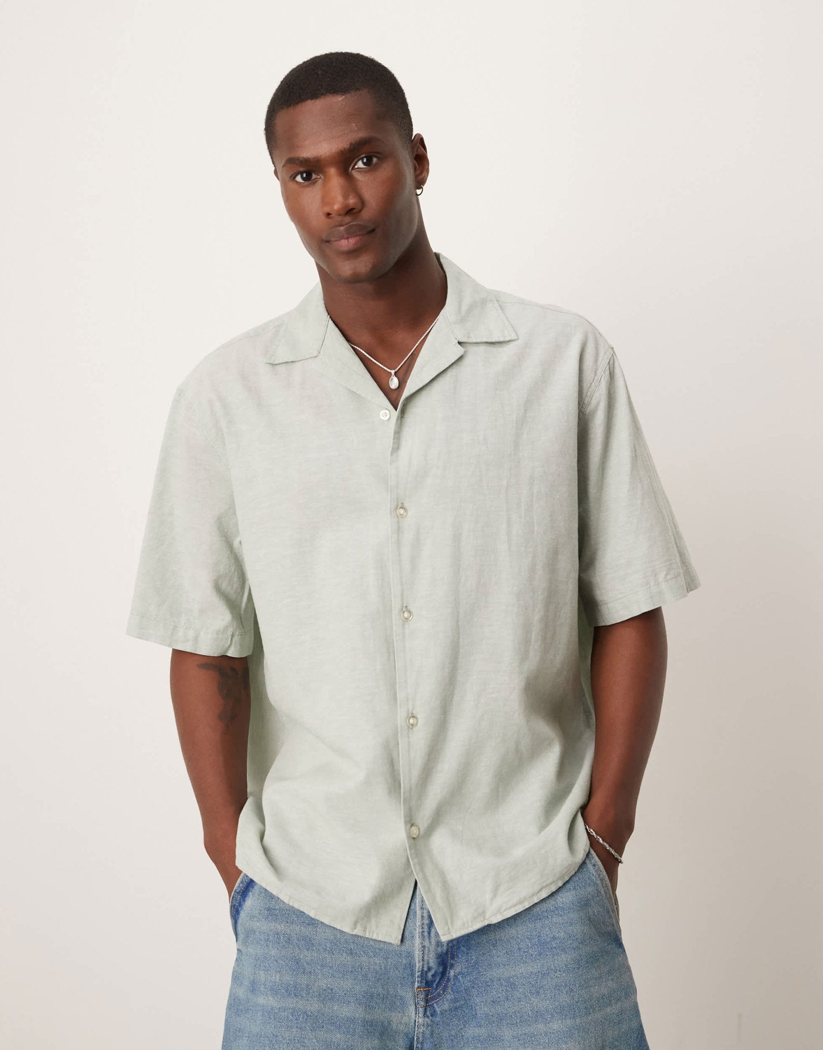 Selected revere collar linen blend shirt in green - ASOS Sample Sale