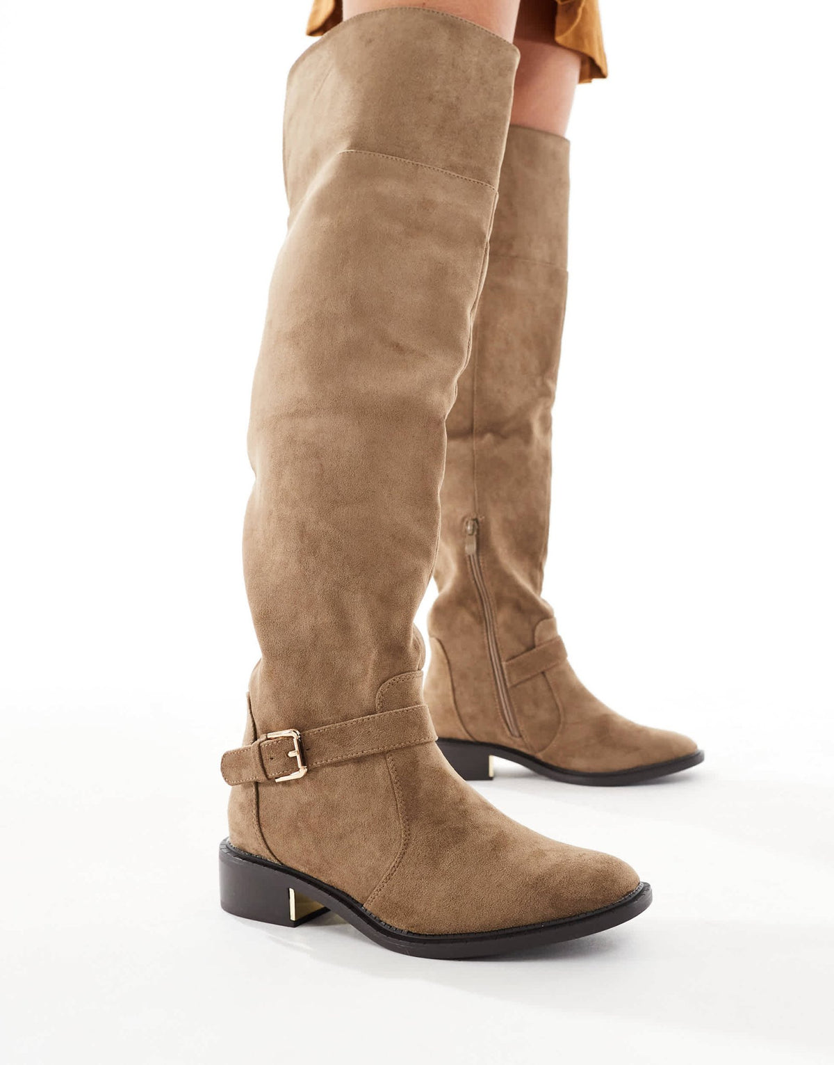 SEQWL Wide Fit Latte buckle detail over the knee boots in chocolate - ASOS Sample Sale
