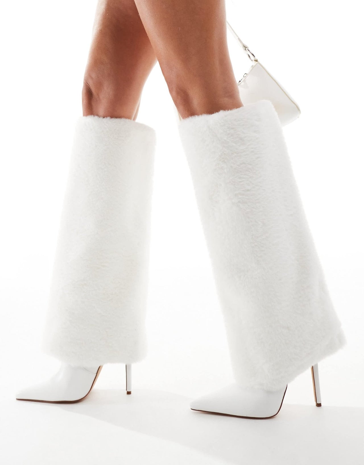Simmi London Louie Foldover Fur knee boot in White - ASOS Sample Sale